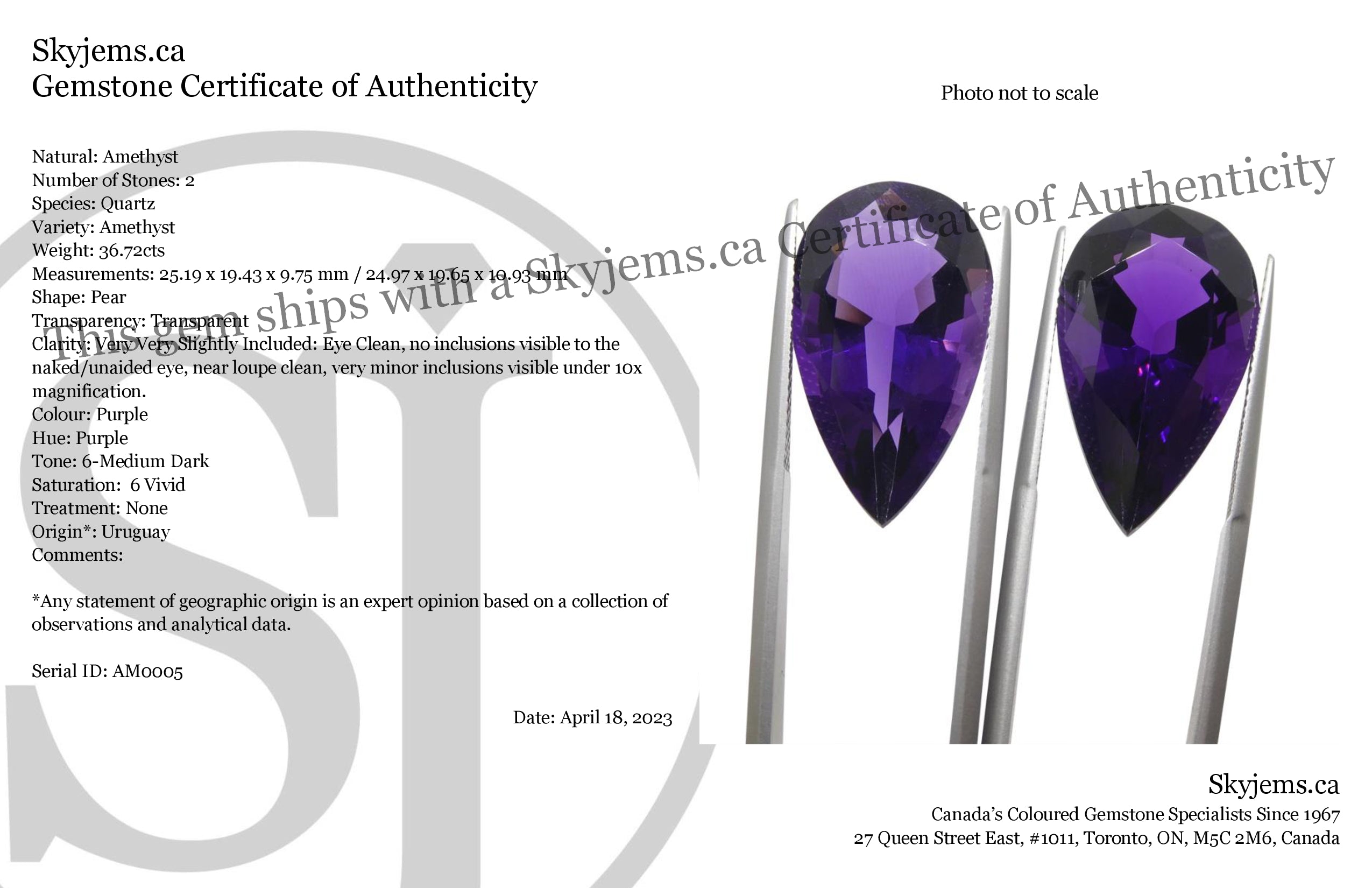 SkyJems 36.72ct Pear Purple Amethyst Pair from Uruguay, premium wholesale gemstone with vivid color and matching cut