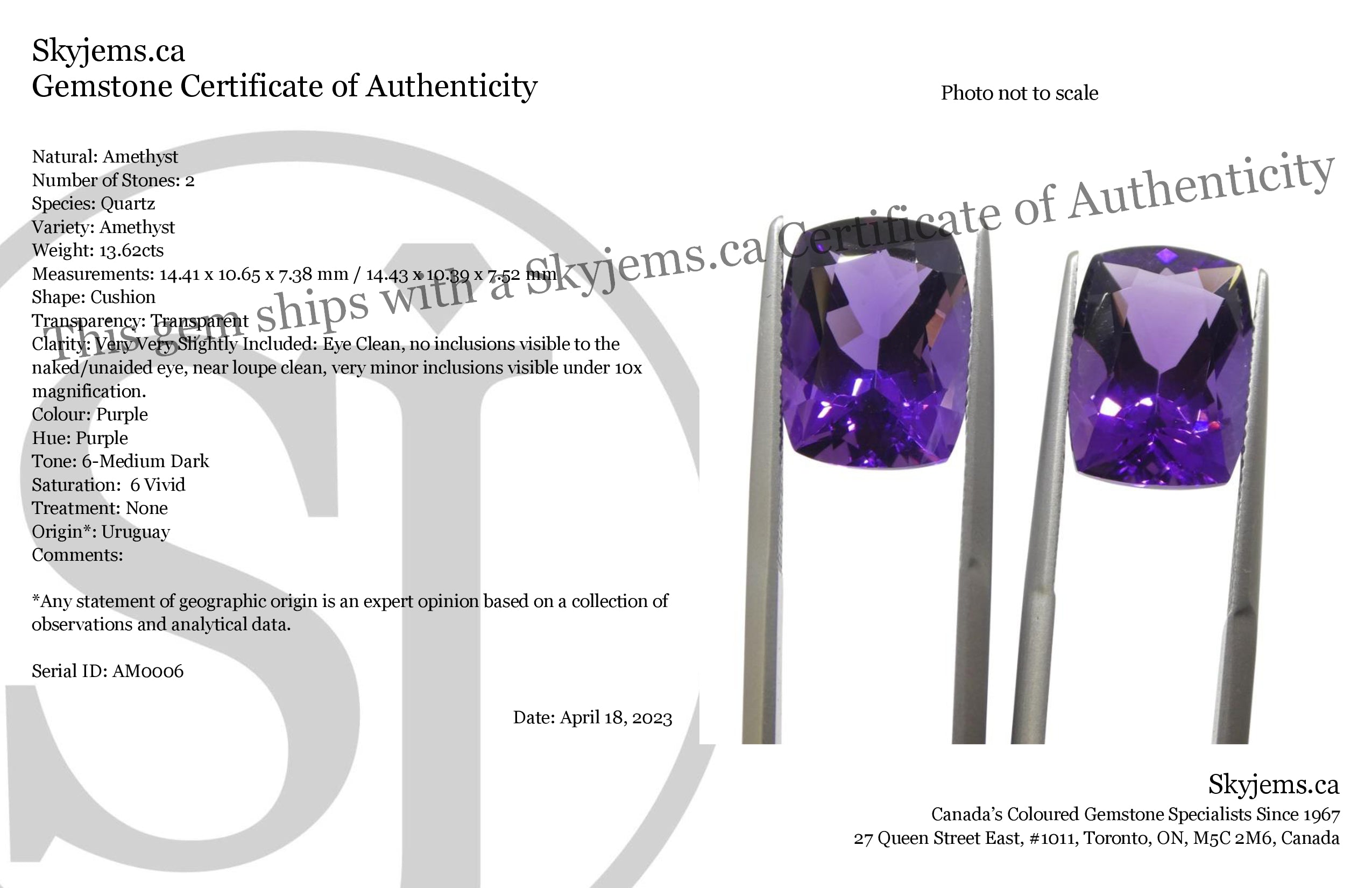 13.62ct Cushion Purple Amethyst Pair from Uruguay, Premium Wholesale Gemstone by SkyJems Canadian Gem Experts