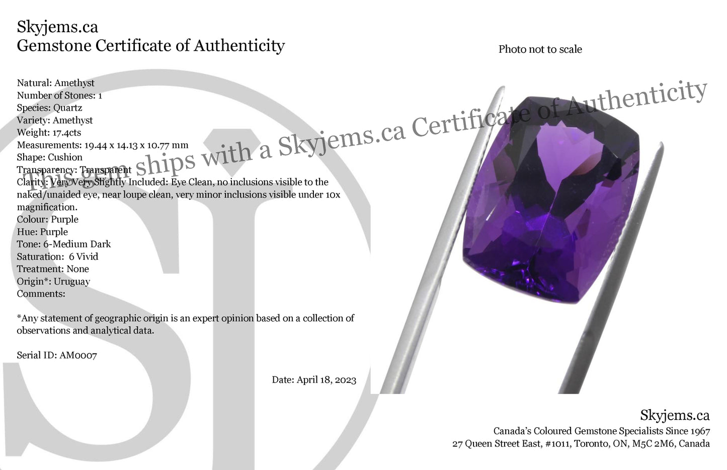 17.4ct Cushion Purple Amethyst from Uruguay - Skyjems Wholesale Gemstones