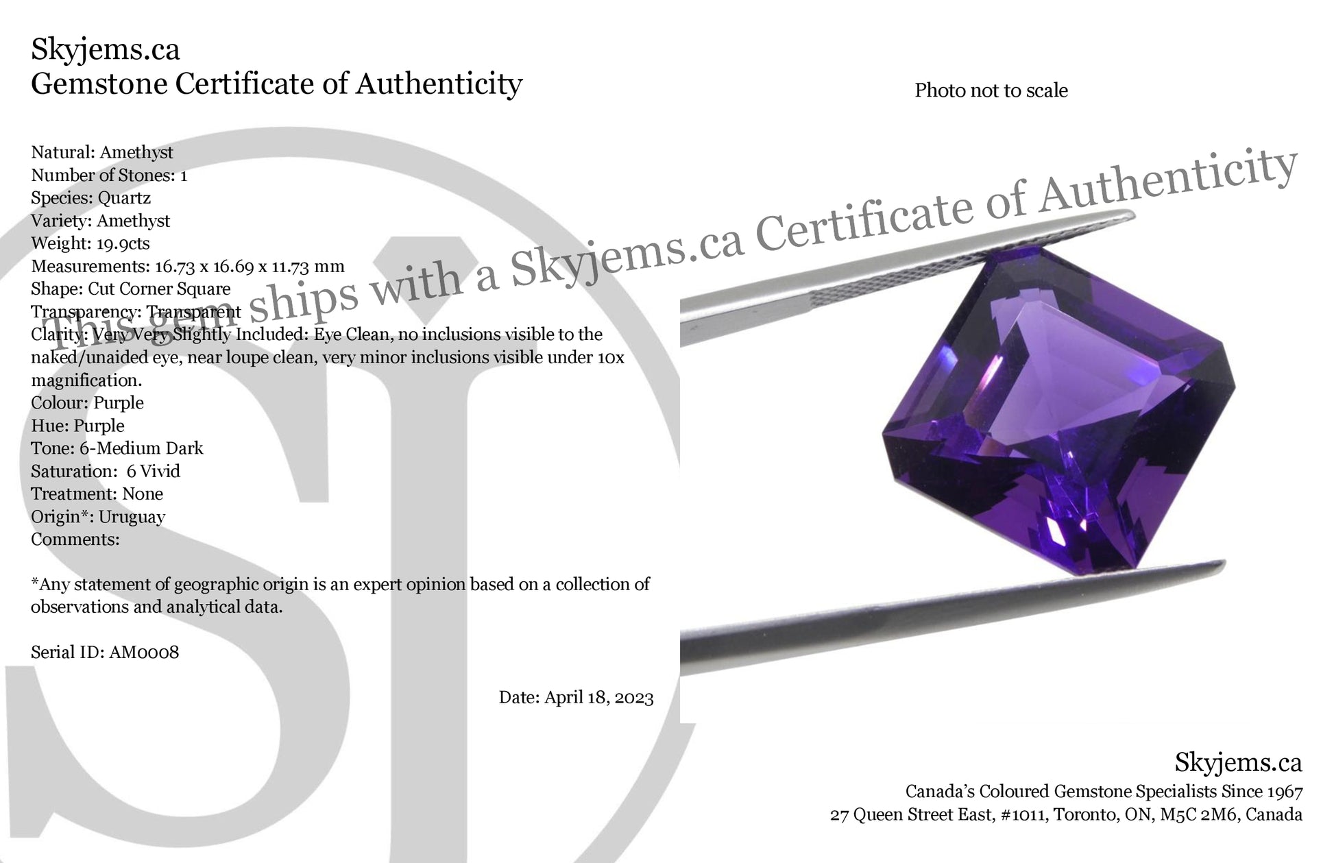 19.9ct Square Purple Amethyst from Uruguay - Skyjems Wholesale Gemstones