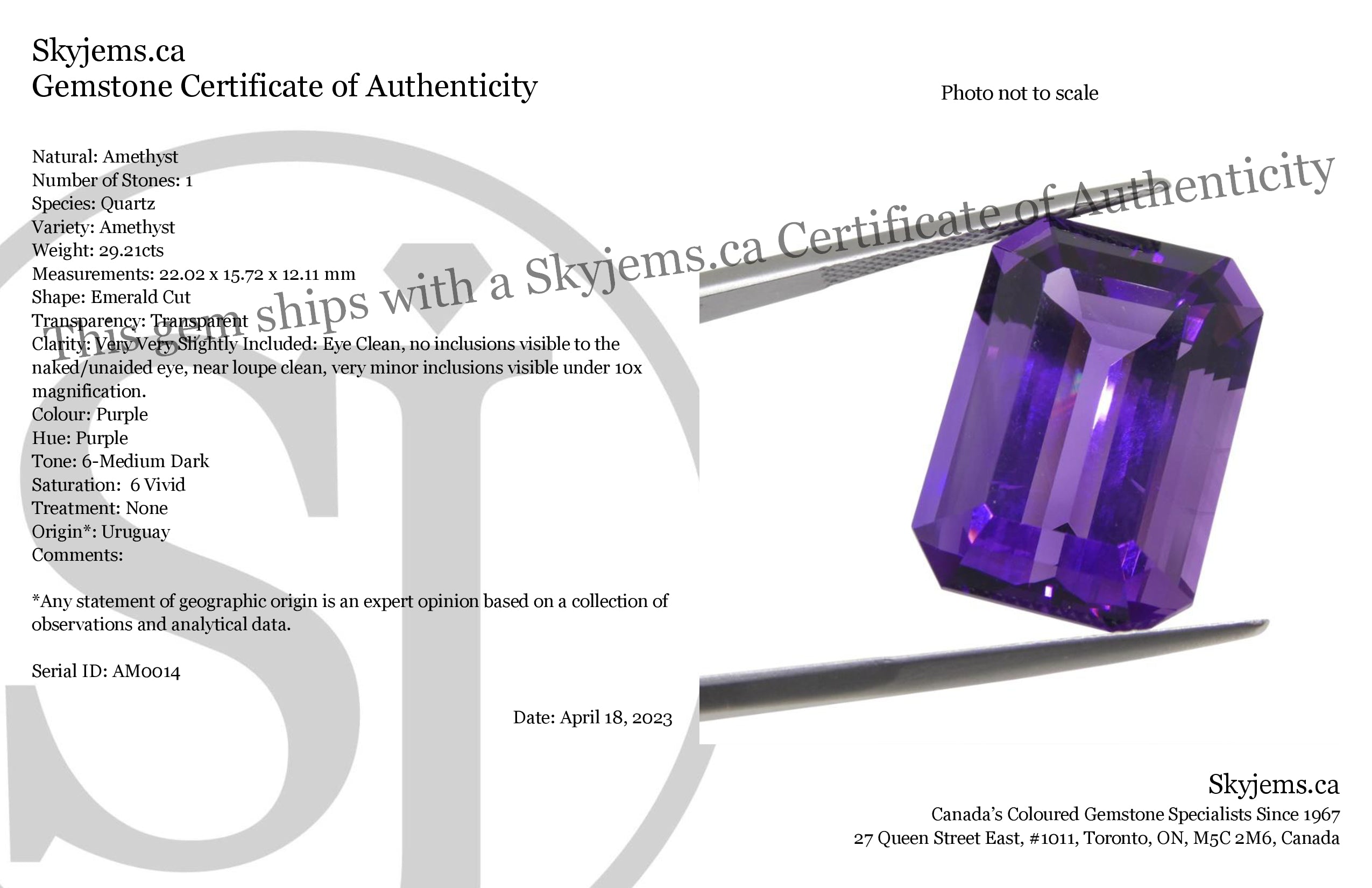 29.21ct Purple Amethyst from Uruguay, emerald cut gemstone by SkyJems, premium large-carat step-cut quartz