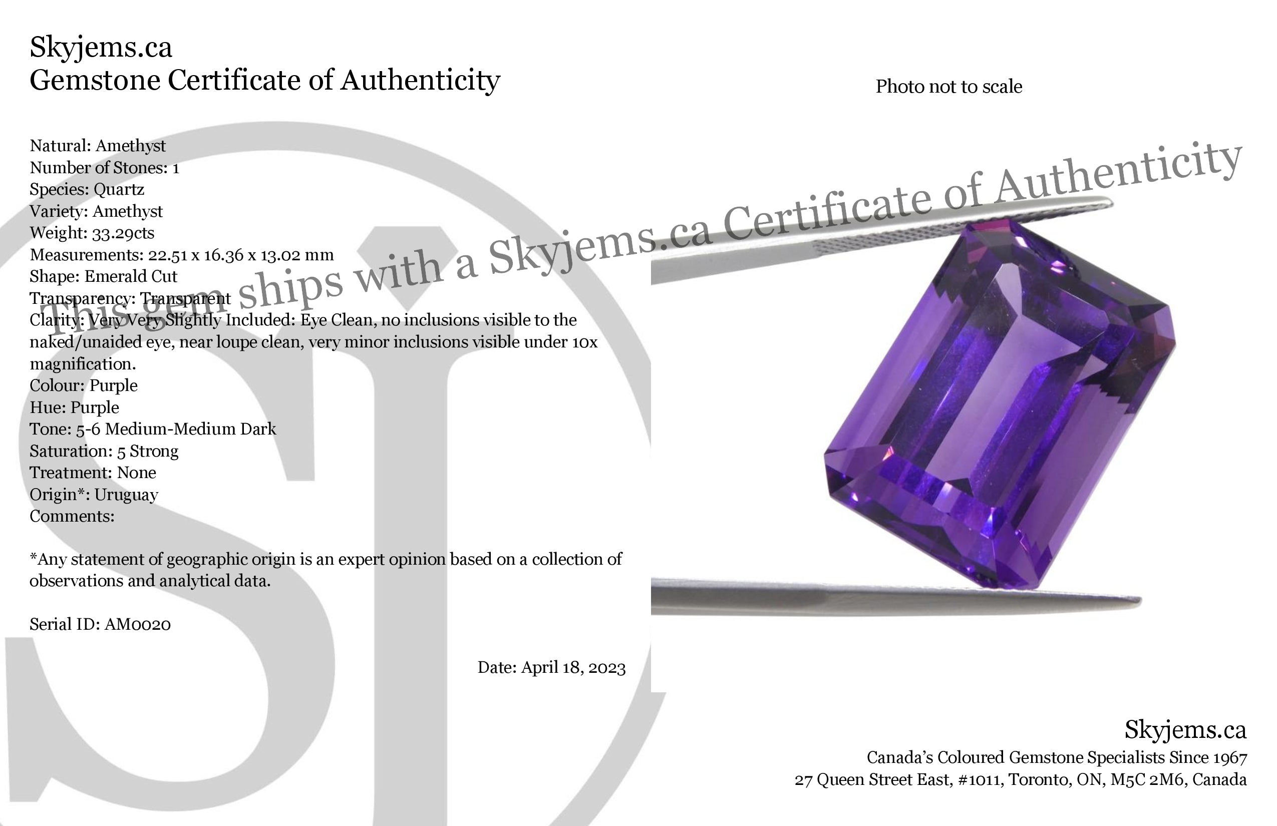 33.29 carat purple Uruguayan amethyst emerald cut gemstone from SkyJems, premium large-scale collector's quality step-cut qua