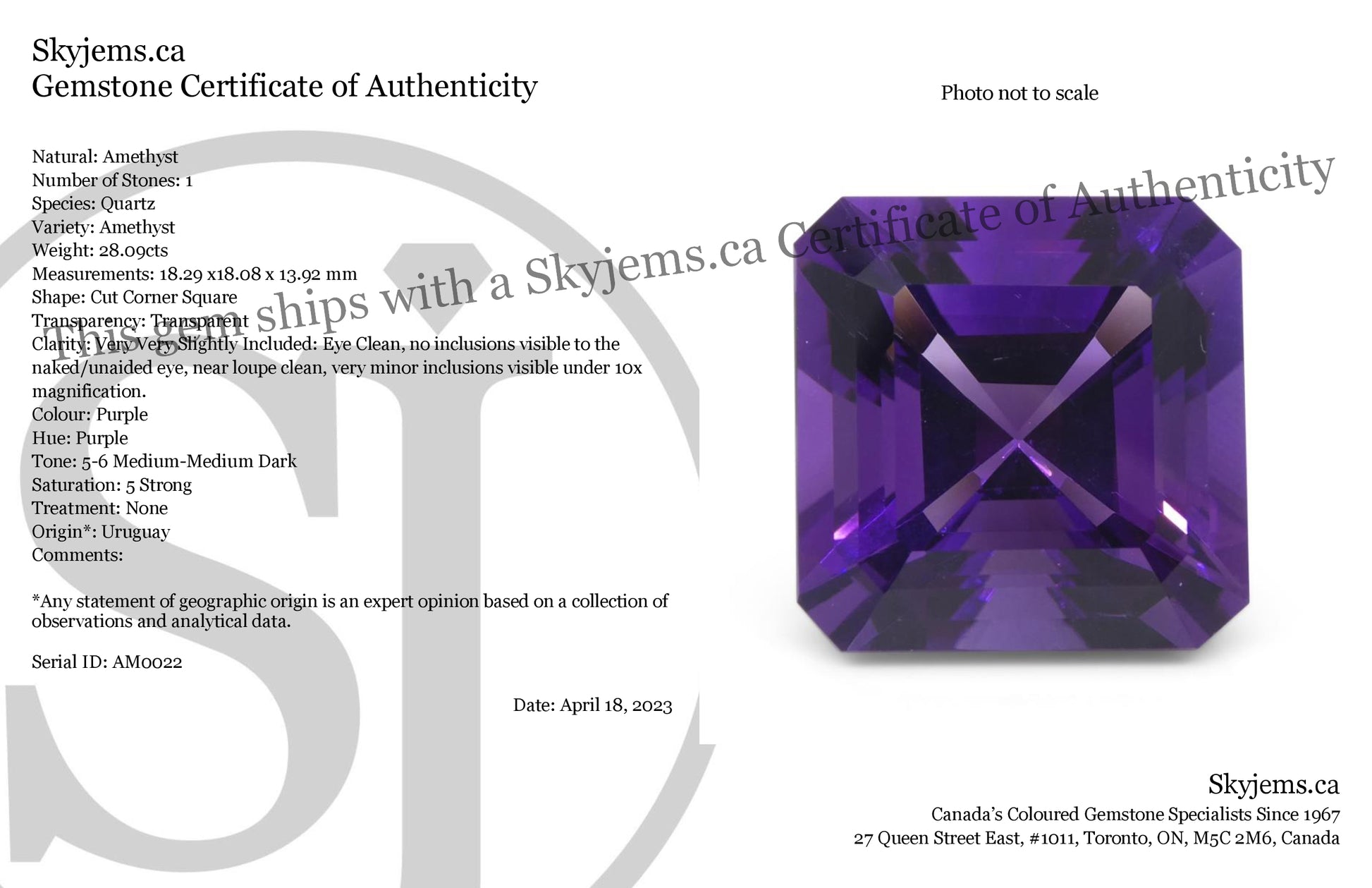 28.09ct Square Purple Amethyst from Uruguay - Skyjems Wholesale Gemstones