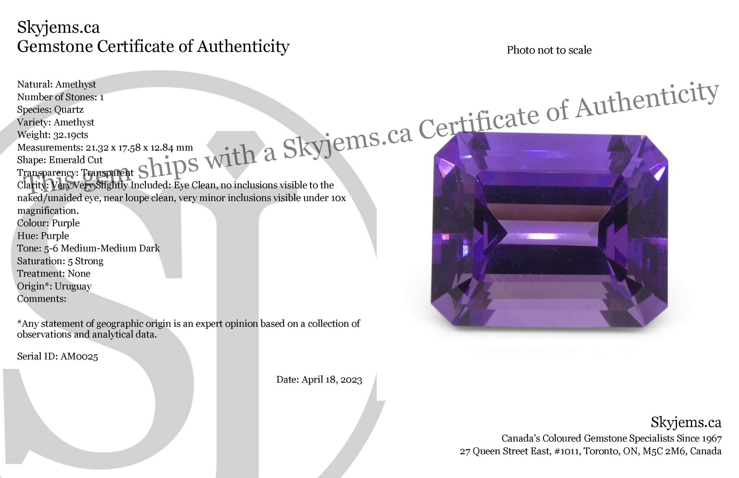32.19 carat purple Uruguayan amethyst emerald cut gemstone, premium quality step-cut quartz from SkyJems Canadian gem special