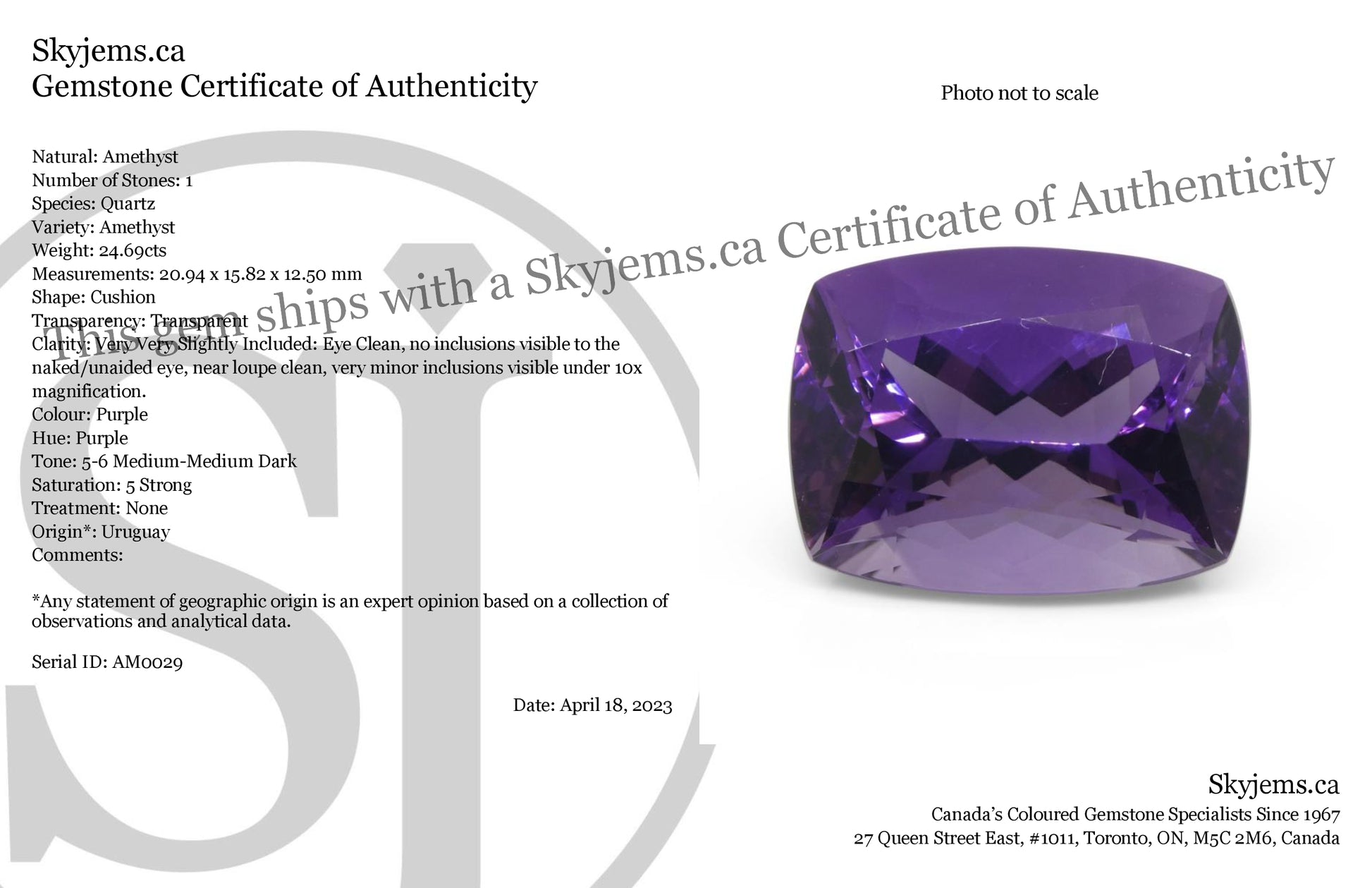 24.69ct Cushion Purple Amethyst from Uruguay - Skyjems Wholesale Gemstones