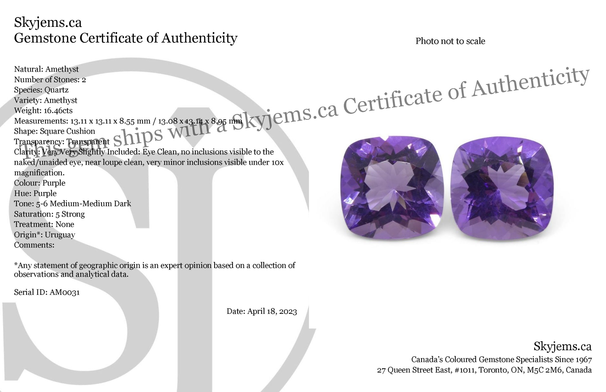 16.46ct Pair Square Cushion Purple Amethyst from Uruguay - Skyjems Wholesale Gemstones