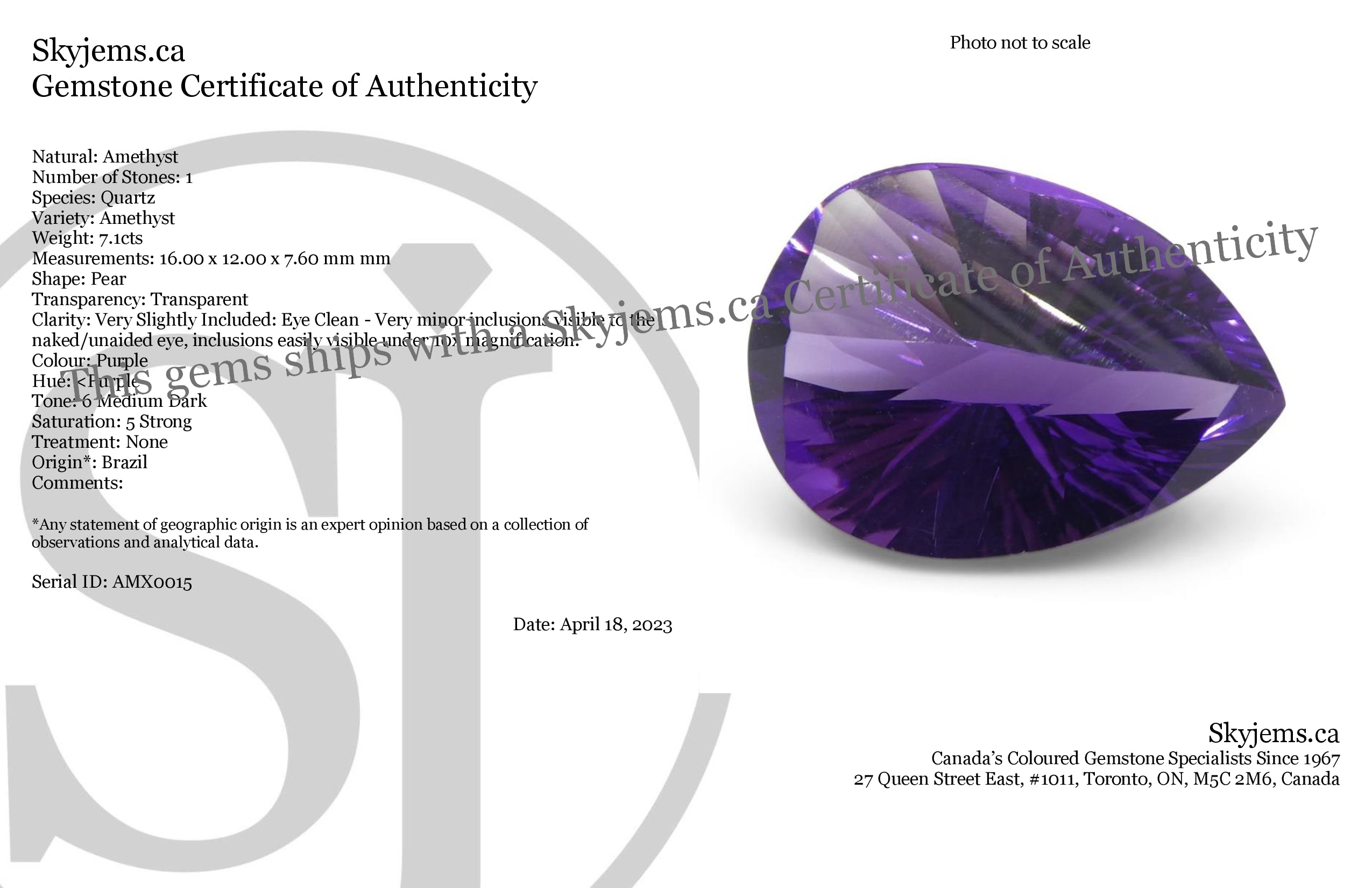 SkyJems 7.10ct Purple Pear Amethyst from Brazil, Precision Fantasy/Fancy Cut Gemstone for Jewelry Collectors