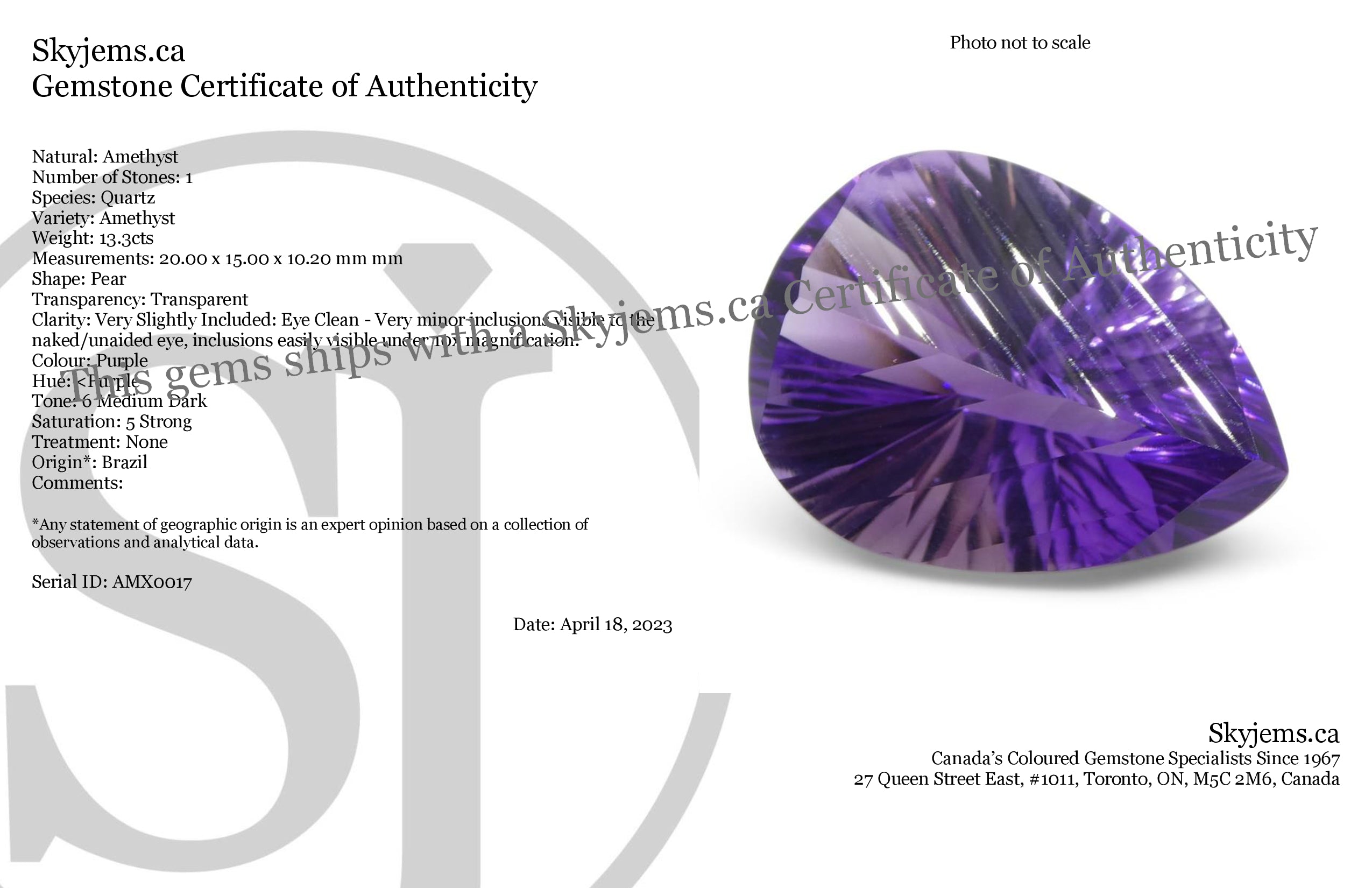 13.30ct Purple Pear Amethyst 'Gloria' Fantasy Cut from Brazil, precision-crafted by SkyJems Canadian gemstone experts