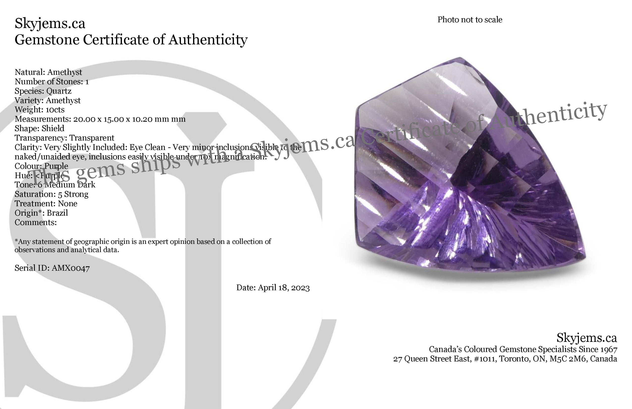 SkyJems 10ct Shield Amethyst Eleanor Fantasy Cut, rich purple Brazilian gemstone for fine jewelry collectors