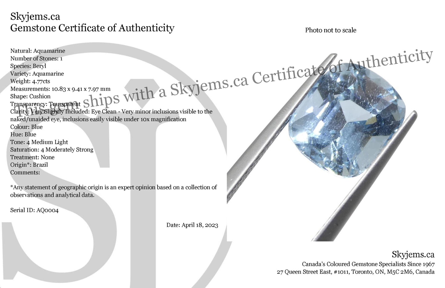 4.77ct Cushion Blue Aquamarine from Brazil - Skyjems Wholesale Gemstones