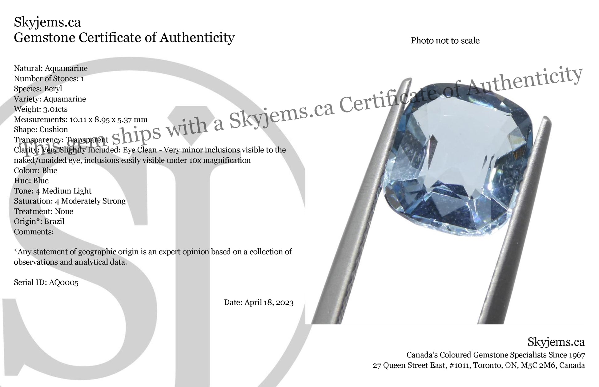 3.01ct Cushion Blue Aquamarine from Brazil - Skyjems Wholesale Gemstones