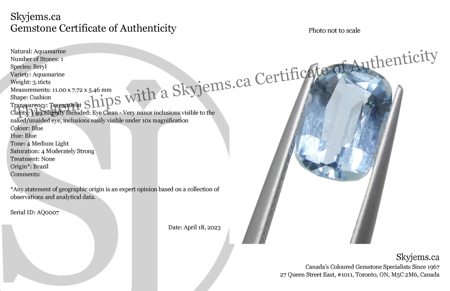 3.16ct Cushion Blue Aquamarine from Brazil - Skyjems Wholesale Gemstones