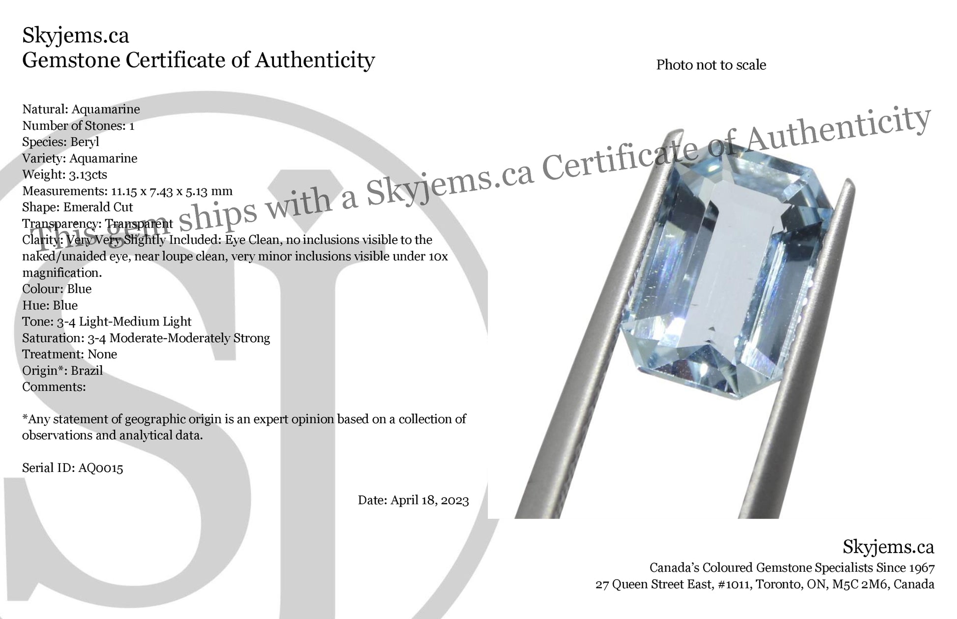 3.13ct Emerald Cut Blue Aquamarine from Brazil - Skyjems Wholesale Gemstones