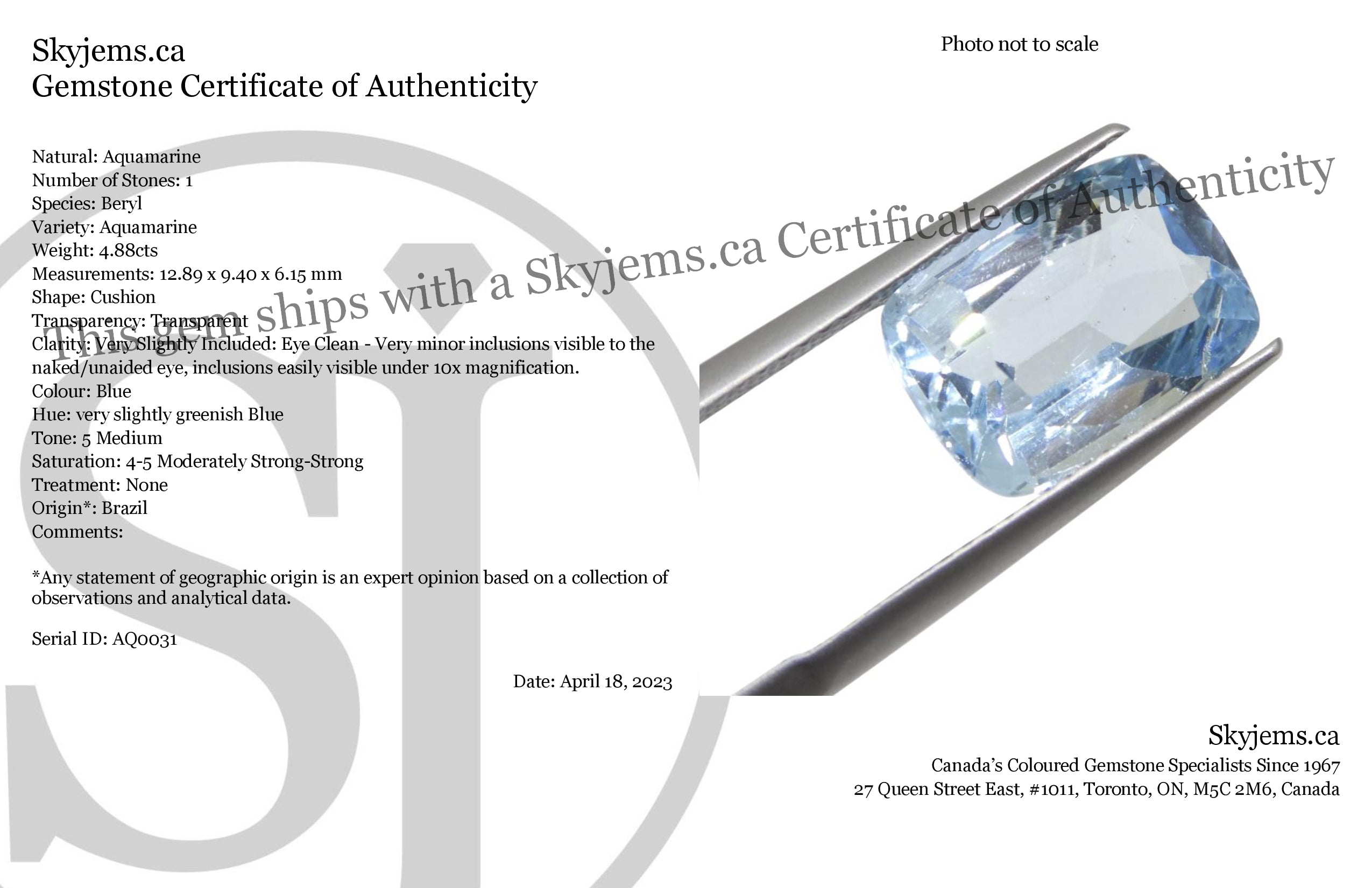 4.88ct Brazilian Blue Aquamarine Cushion Gemstone from SkyJems Rare Gem Collection