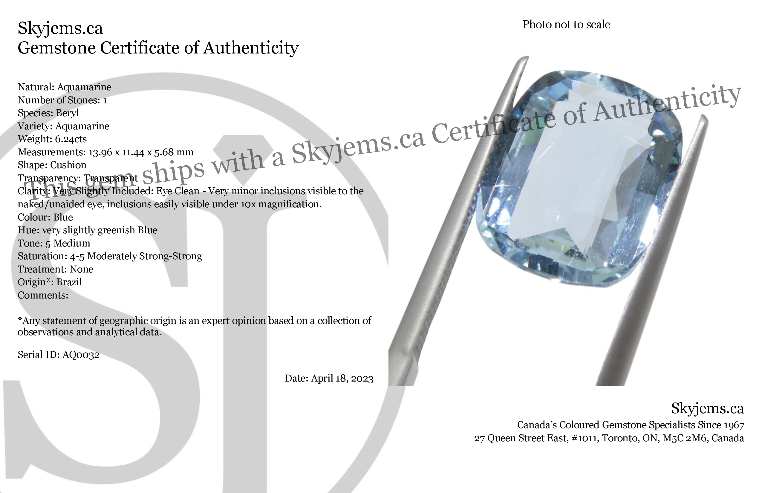 6.24ct Brazilian Blue Aquamarine Cushion Gemstone from SkyJems, Unheated Natural Beryl Fine Jewelry Stone