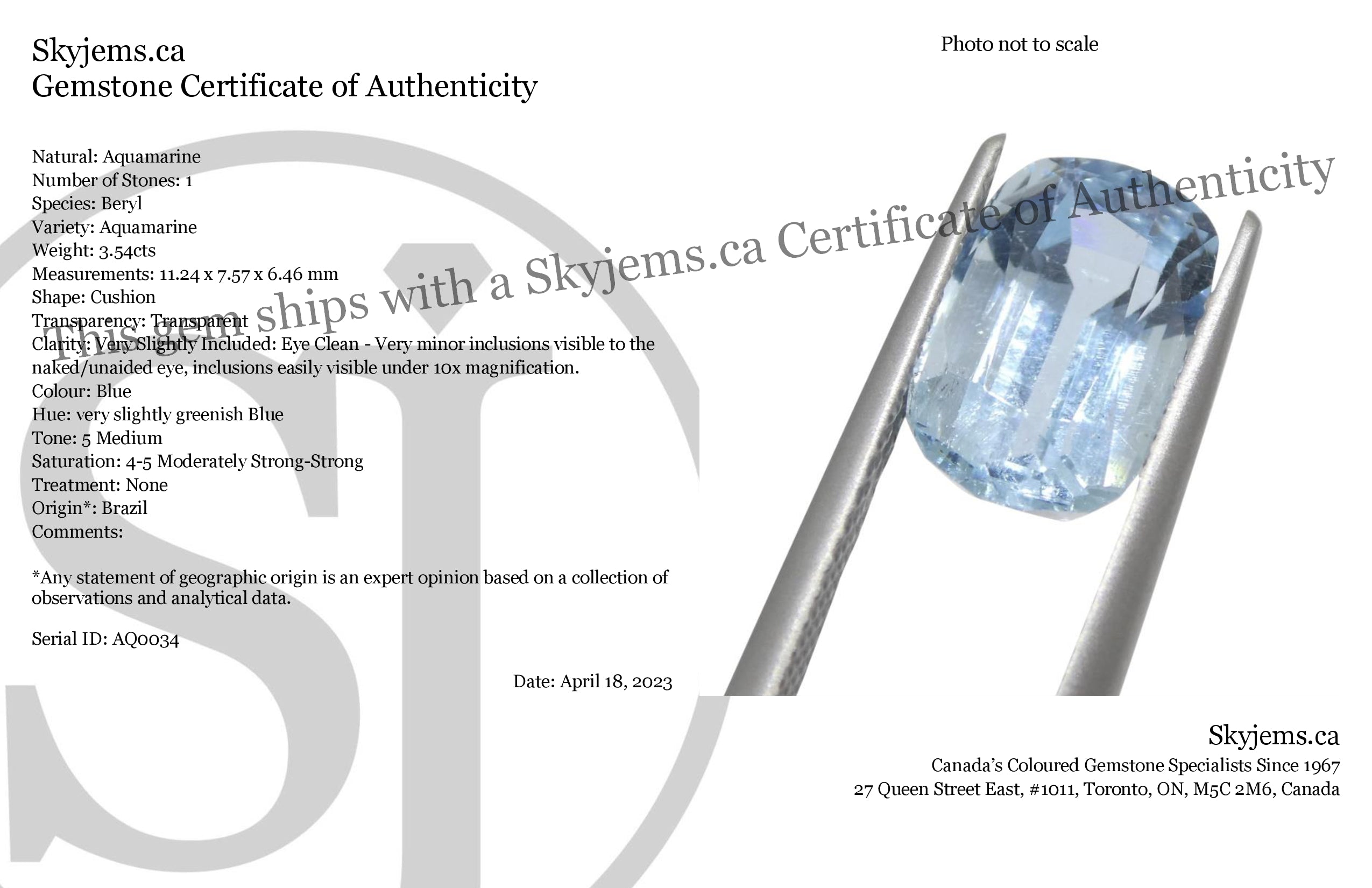 3.54ct Brazilian Blue Aquamarine Cushion Gemstone from SkyJems Rare Gem Collection