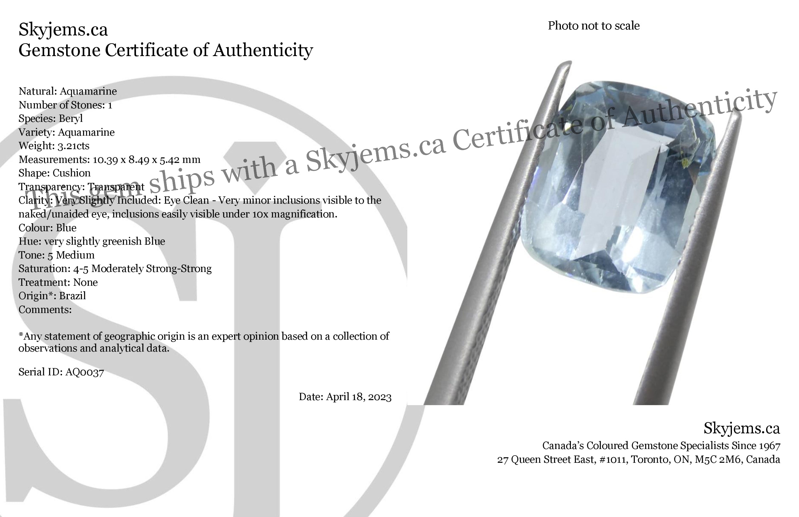 SkyJems 3.21ct Brazilian Blue Aquamarine Cushion Cut Gemstone, Unheated Natural Beryl Crystal