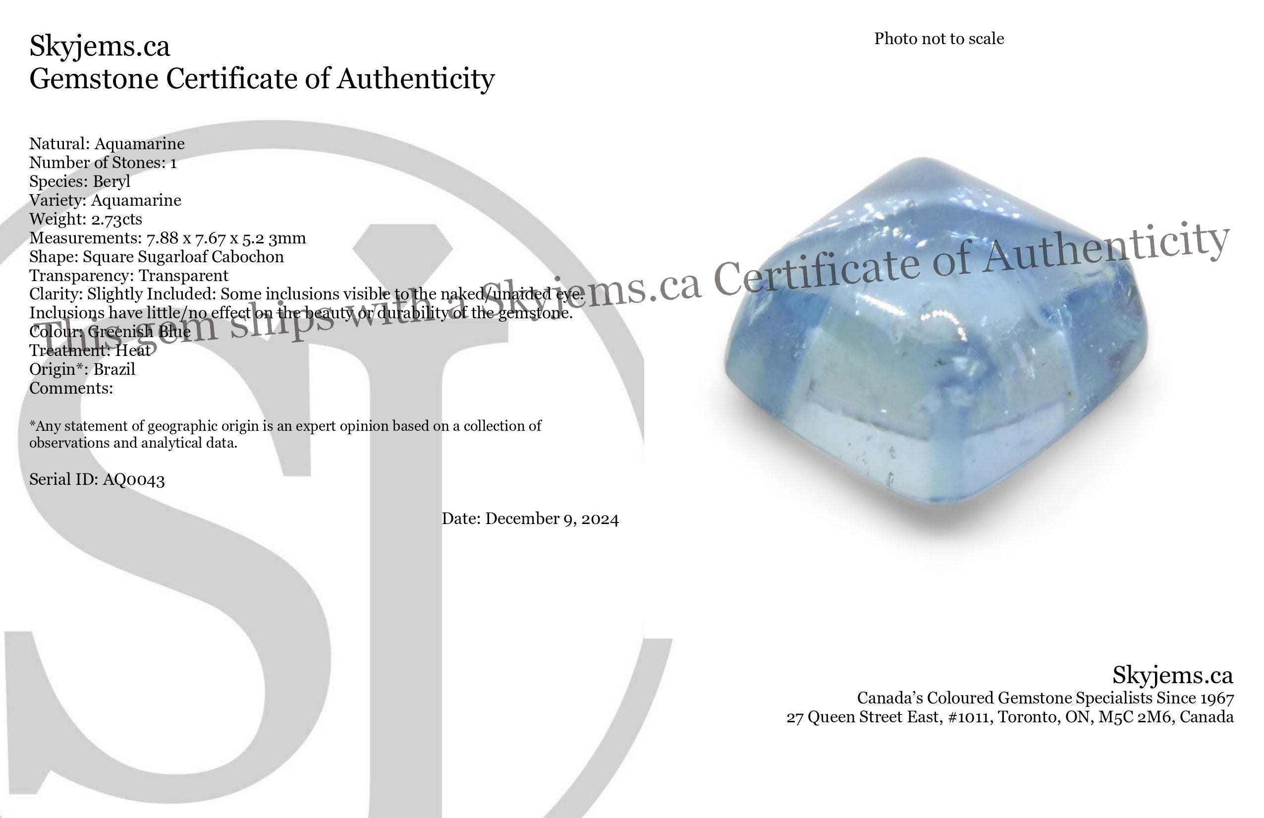 2.73ct Square Sugarloaf Cabochon Blue Aquamarine from Brazil - Skyjems Wholesale Gemstones