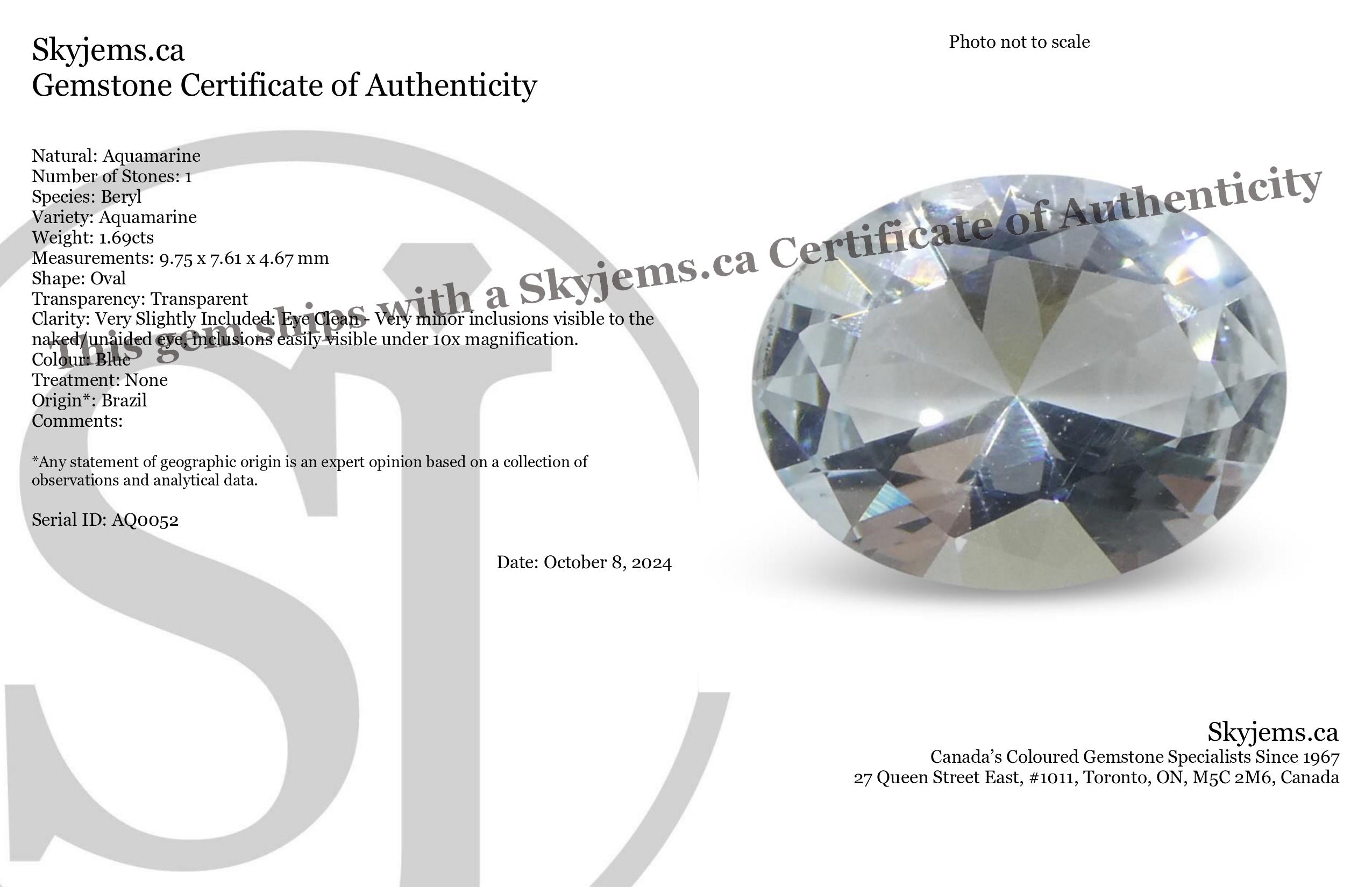 SkyJems 1.69ct Oval Blue Aquamarine from Brazil, unheated natural gemstone with brilliant cut and soft azure hue
