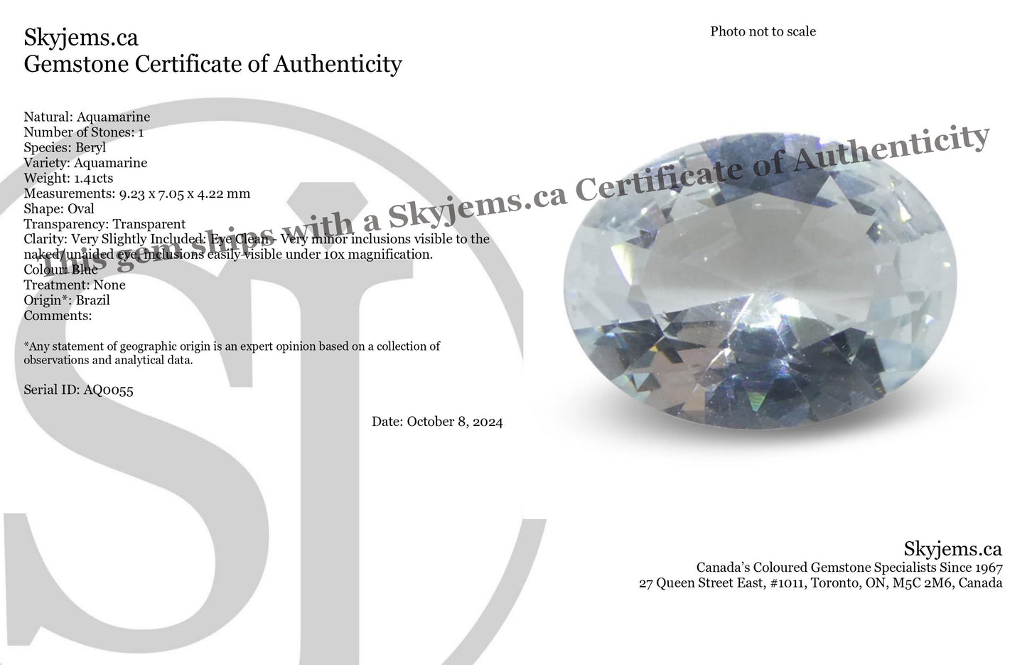 1.41ct Oval Blue Aquamarine from Brazil Unheated