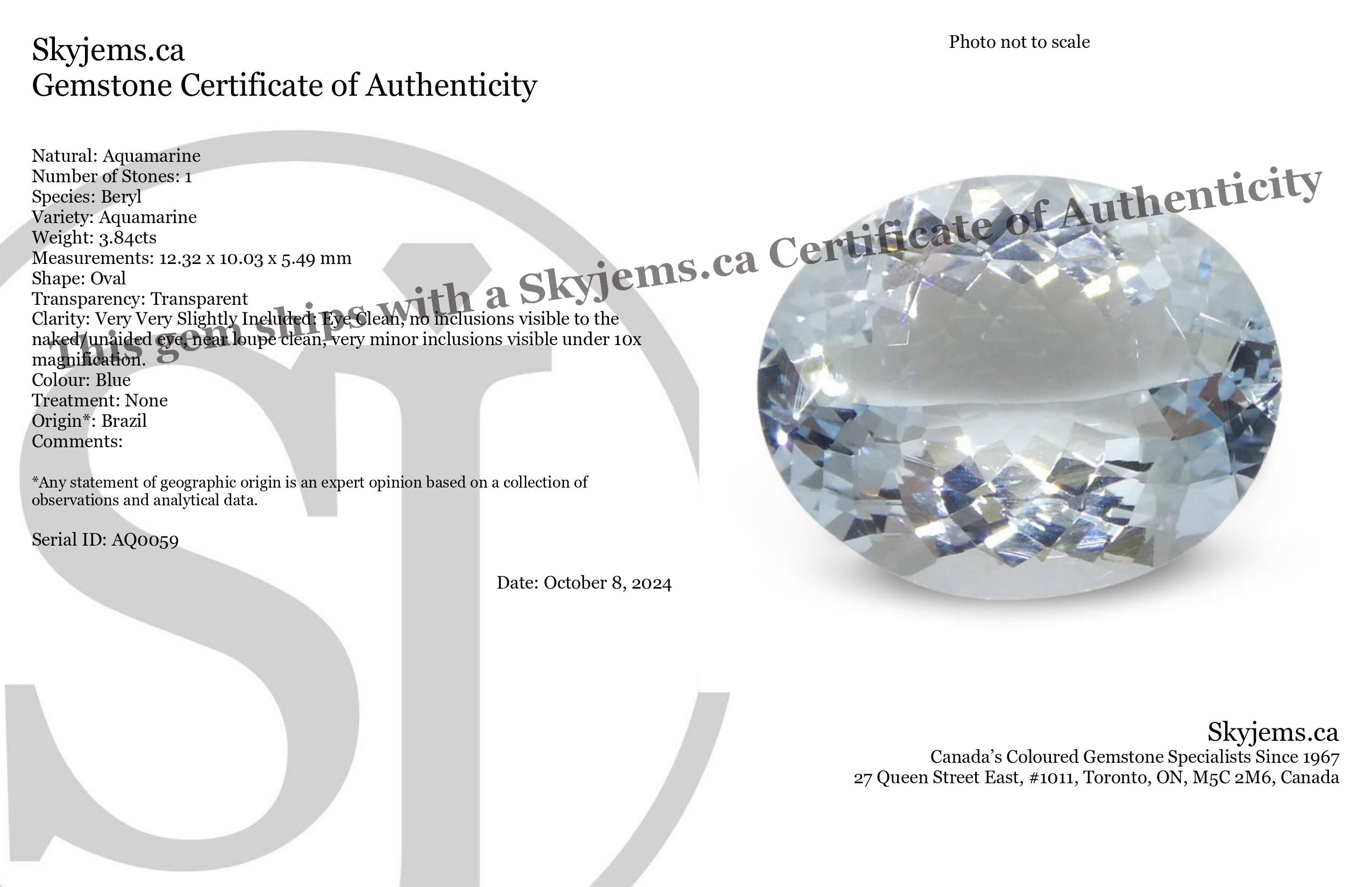3.84ct Oval Blue Aquamarine from Brazil, unheated natural gemstone by SkyJems, premium Canadian gem specialists since 1967