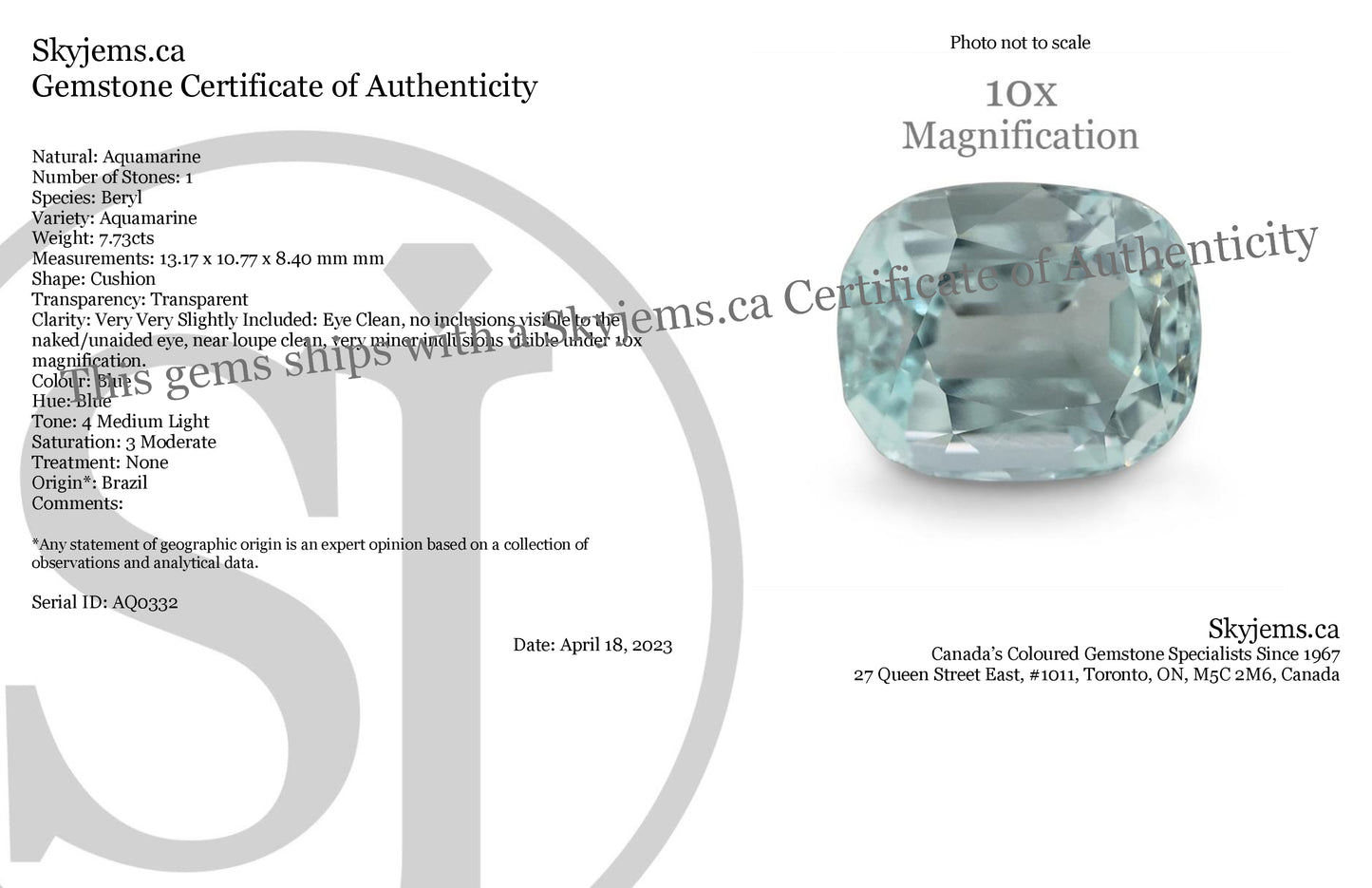 7.73ct Cushion Aquamarine - Skyjems Wholesale Gemstones