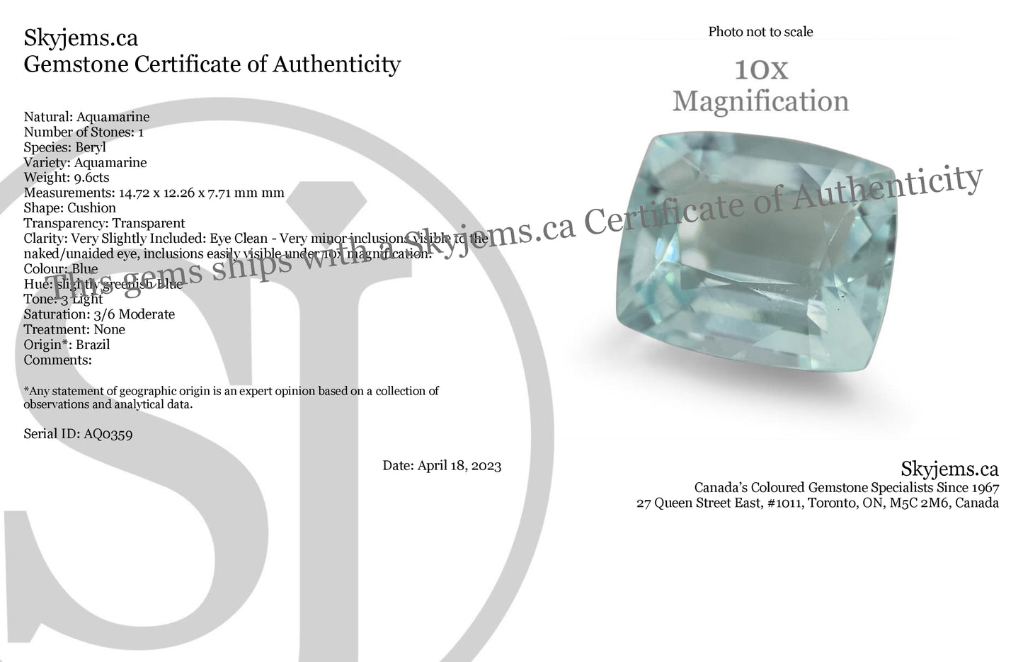 9.6ct Cushion Aquamarine - Skyjems Wholesale Gemstones