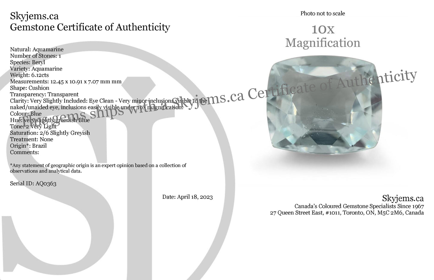 6.12ct Cushion Aquamarine - Skyjems Wholesale Gemstones