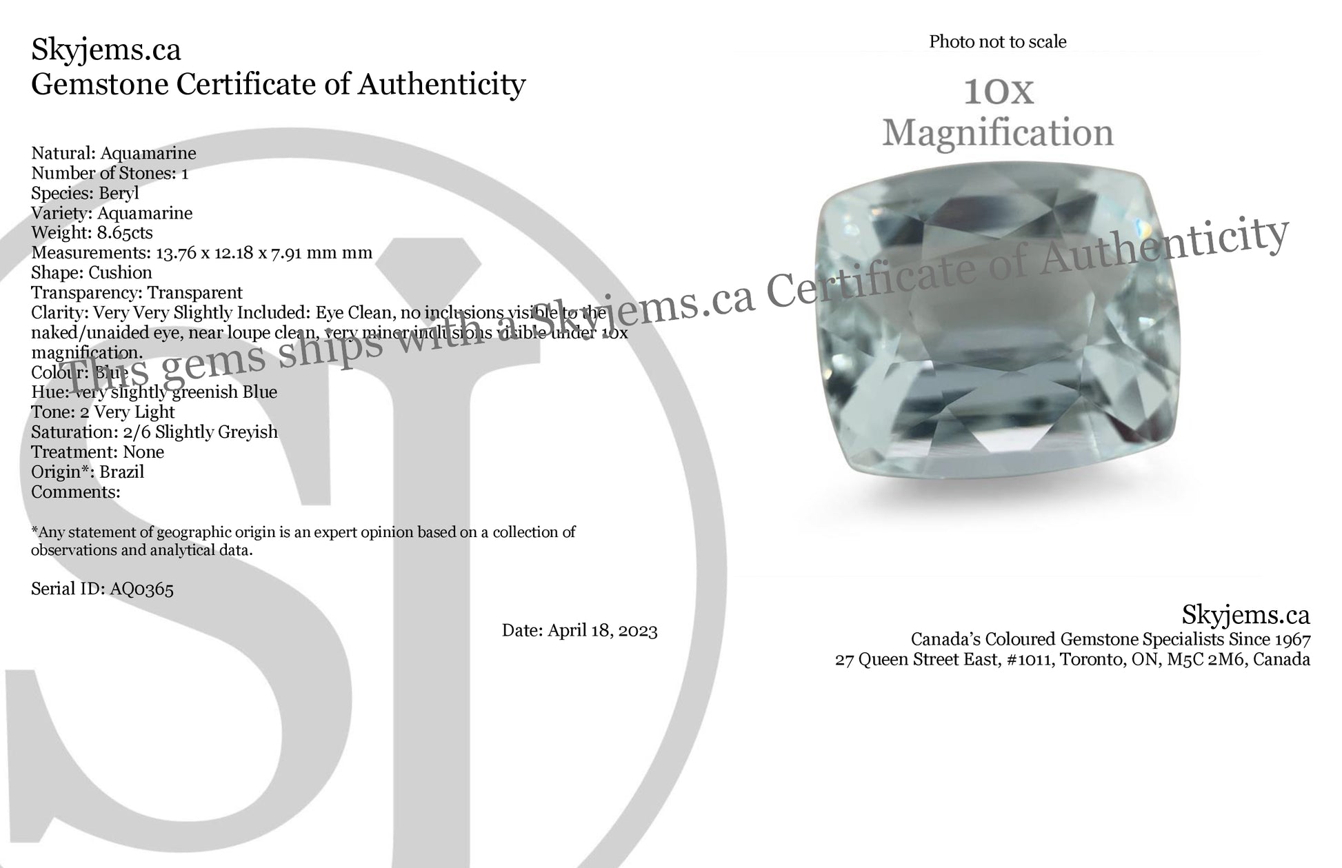 8.65ct Cushion Aquamarine - Skyjems Wholesale Gemstones