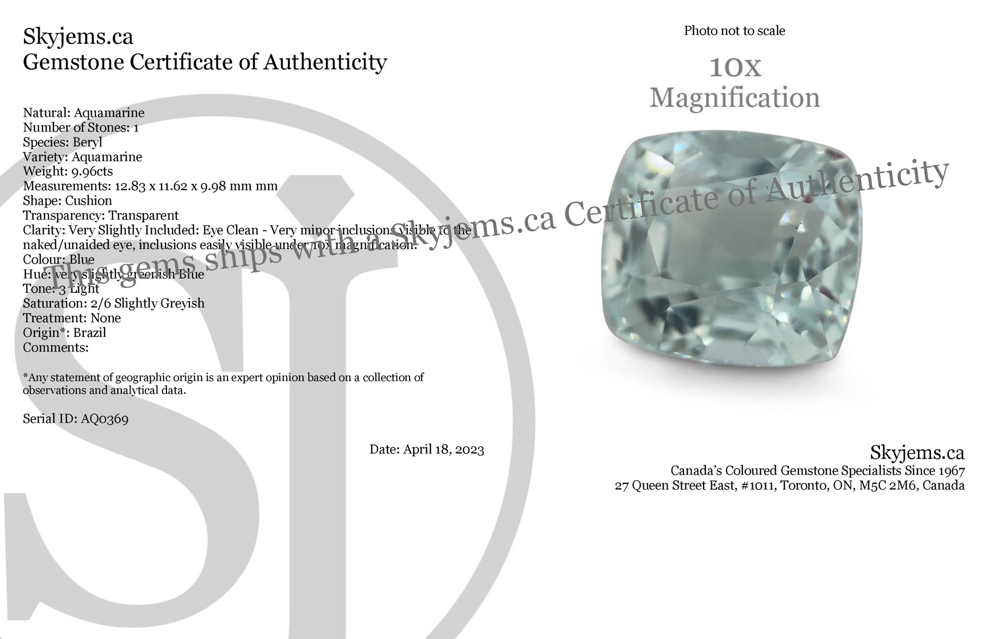 9.96ct Cushion Aquamarine - Skyjems Wholesale Gemstones