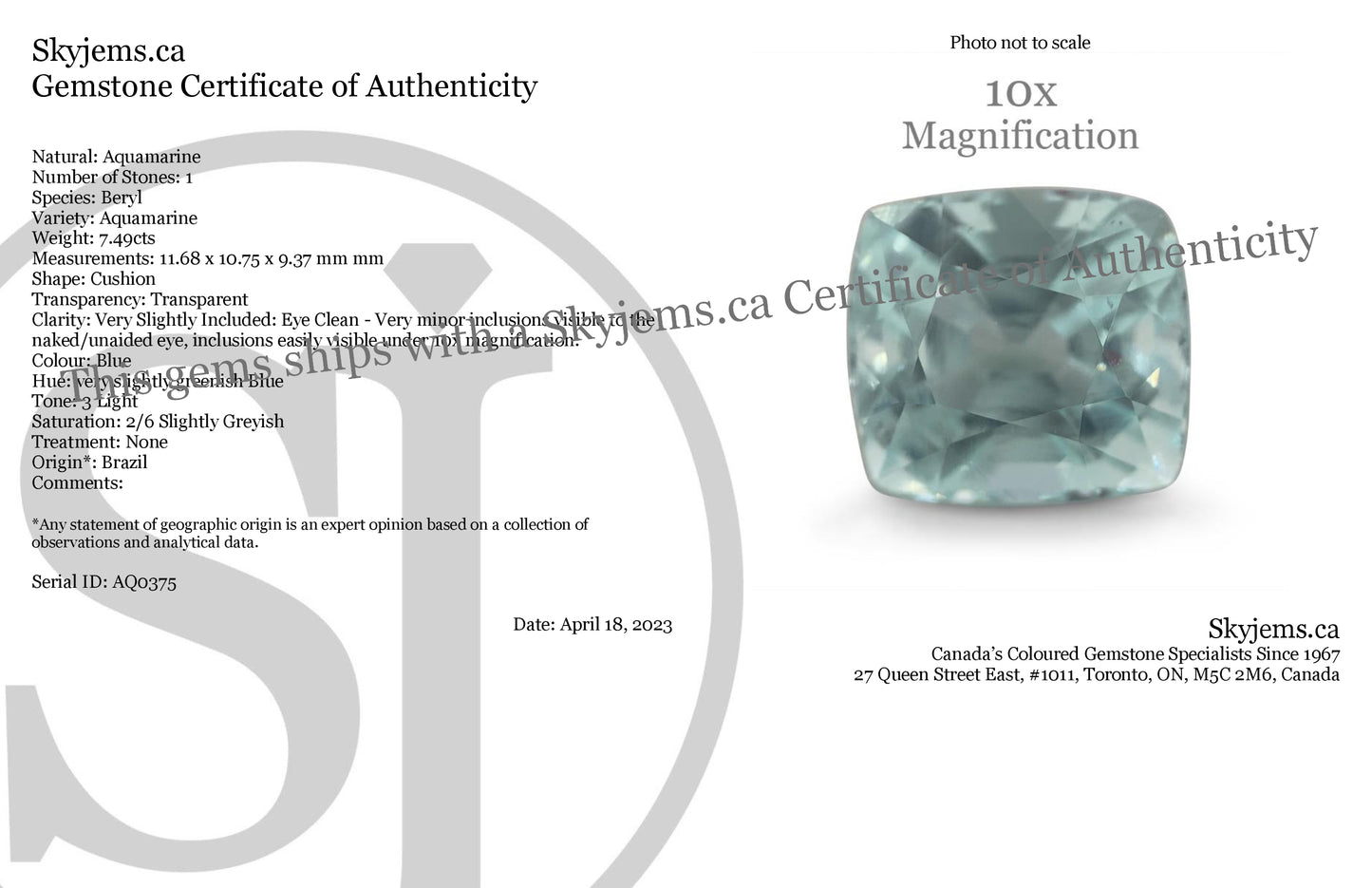 7.49ct Cushion Aquamarine - Skyjems Wholesale Gemstones