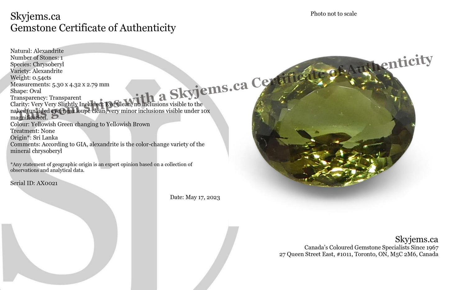 0.54ct Oval Yellowish Green to Yellowish Brown Alexandrite from Sri Lanka, Unheated