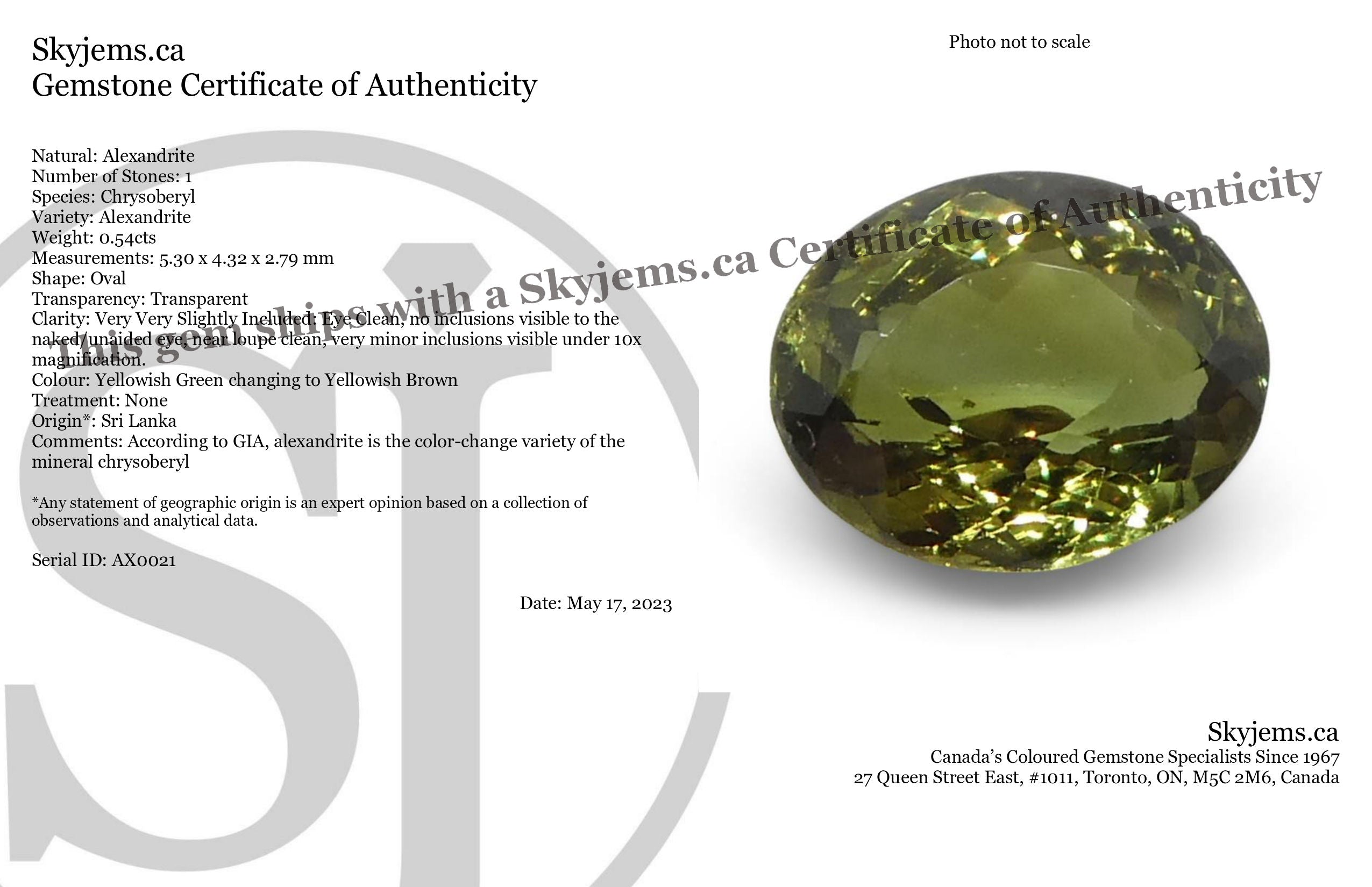 0.54ct Oval Yellowish Green to Yellowish Brown Alexandrite from Sri Lanka, Unheated - Skyjems Wholesale Gemstones