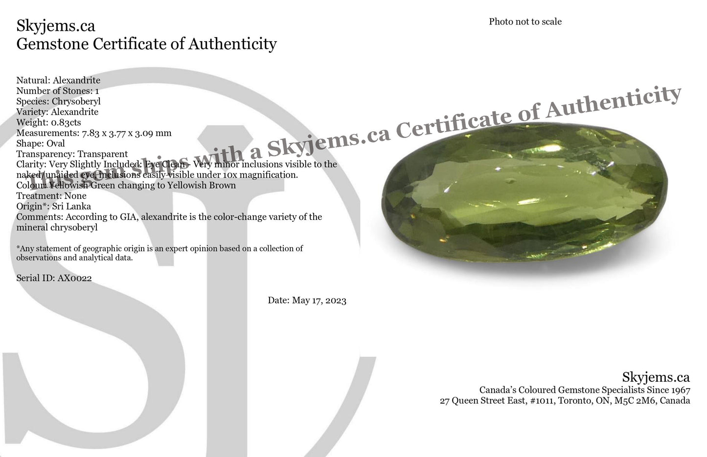 0.83ct Oval Yellowish Green to Yellowish Brown Alexandrite from Sri Lanka, Unheated