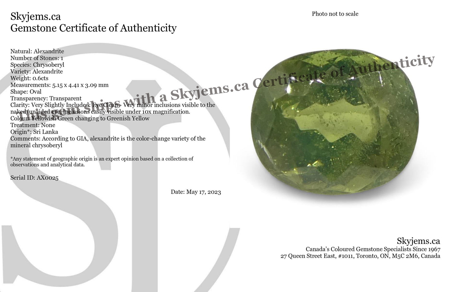 0.6ct Oval Yellowish Green to Greenish Yellow Alexandrite from Sri Lanka, Unheated