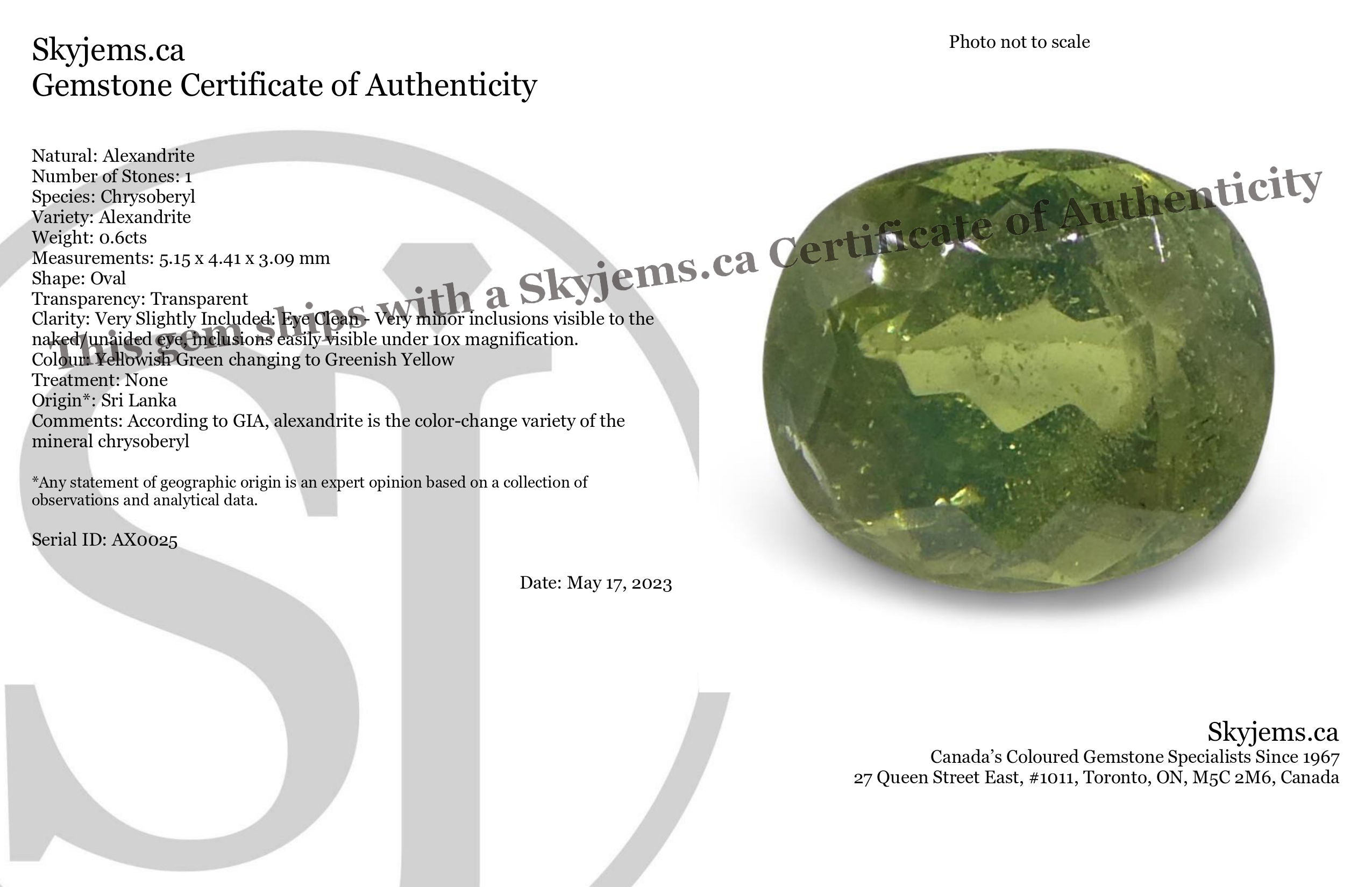0.6ct Oval Yellowish Green to Greenish Yellow Alexandrite from Sri Lanka, Unheated - Skyjems Wholesale Gemstones