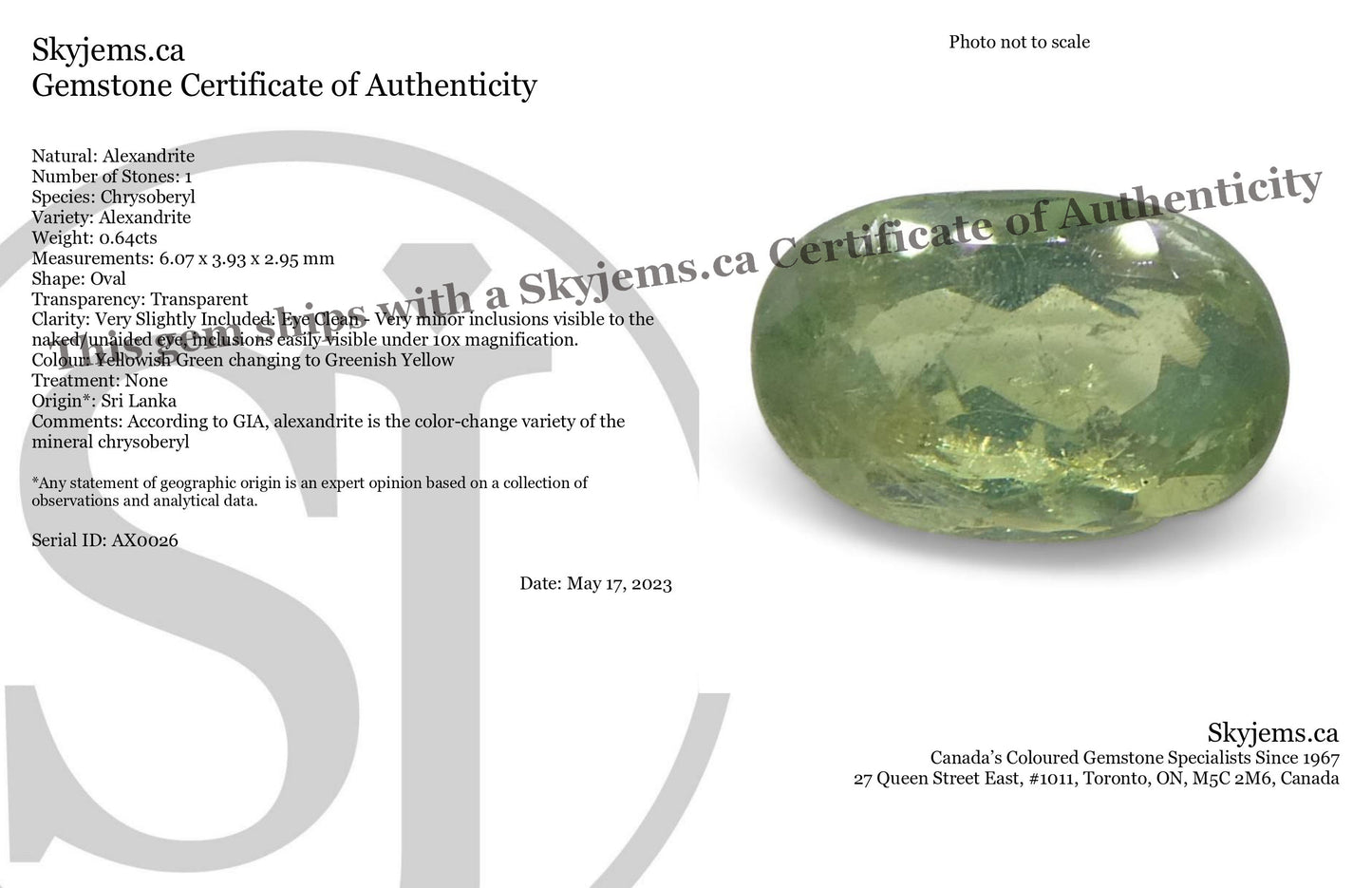 0.64ct Oval Yellowish Green to Greenish Yellow Alexandrite from Sri Lanka, Unheated