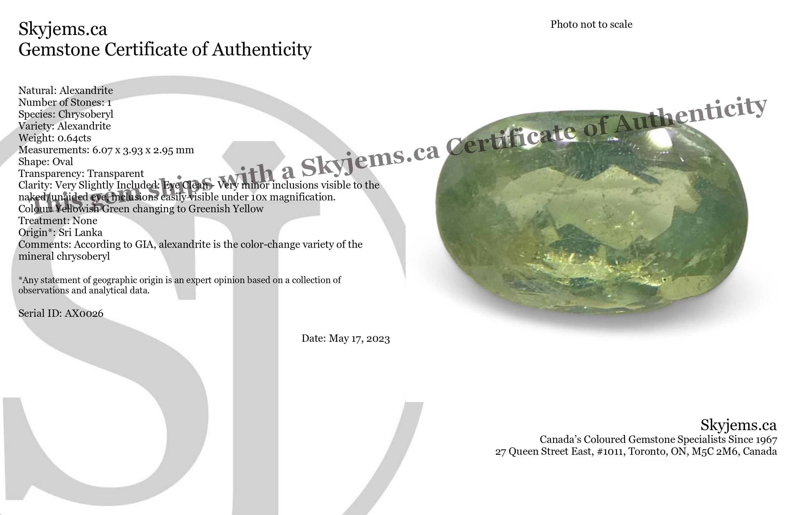 0.64ct Oval Yellowish Green to Greenish Yellow Alexandrite from Sri Lanka, Unheated - Skyjems Wholesale Gemstones