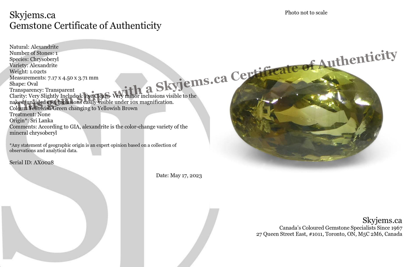 1.02ct Oval Yellowish Green to Yellowish Brown Alexandrite from Sri Lanka, Unheated