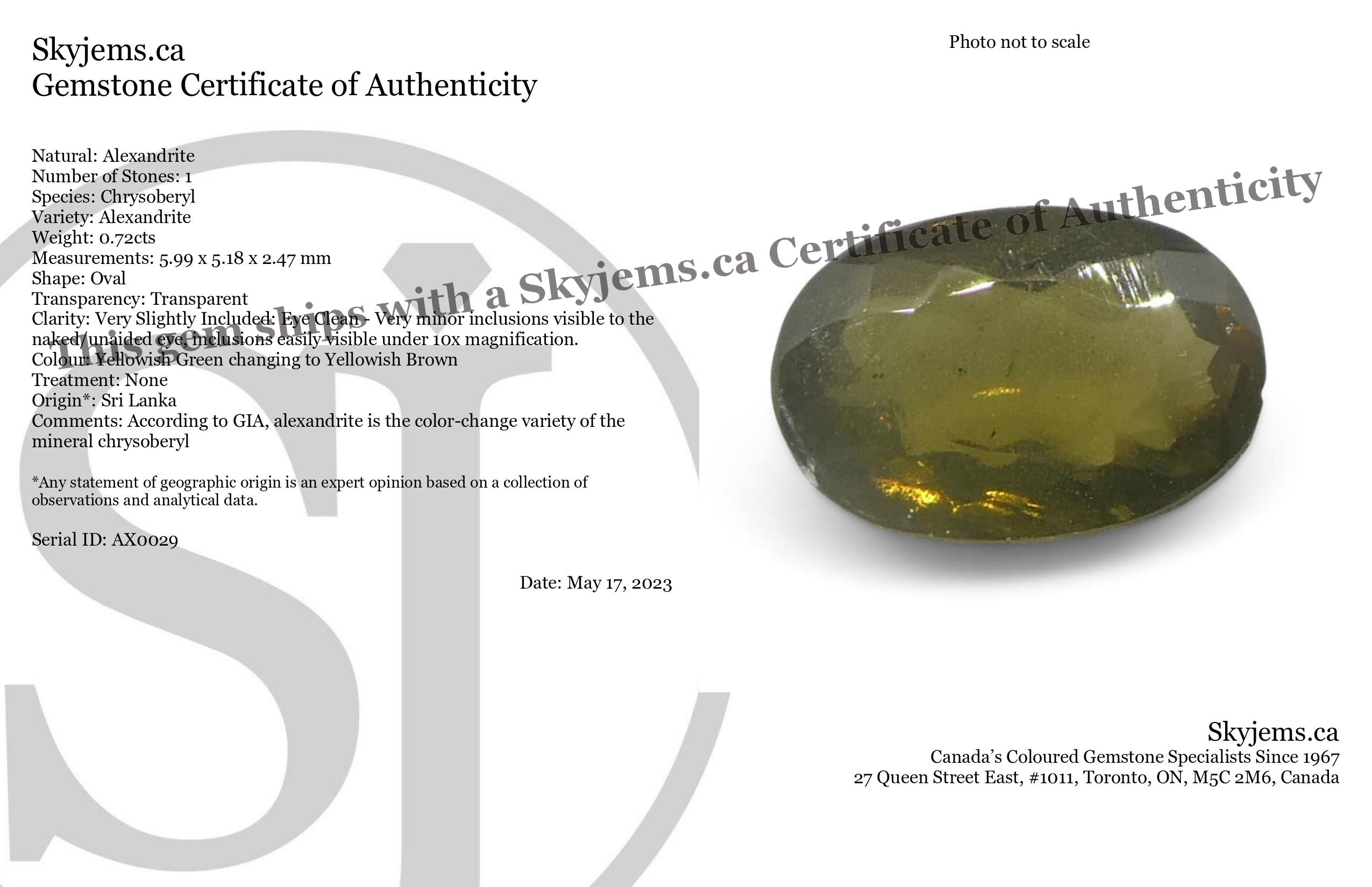 0.72ct Oval Yellowish Green to Yellowish Brown Alexandrite from Sri Lanka, Unheated - Skyjems Wholesale Gemstones