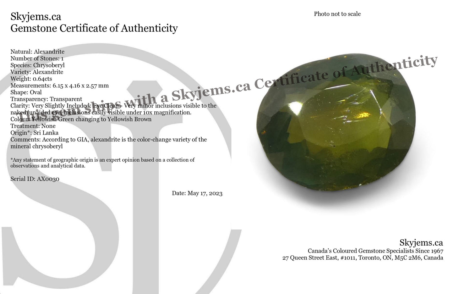 0.64ct Oval Yellowish Green to Yellowish Brown Alexandrite from Sri Lanka, Unheated