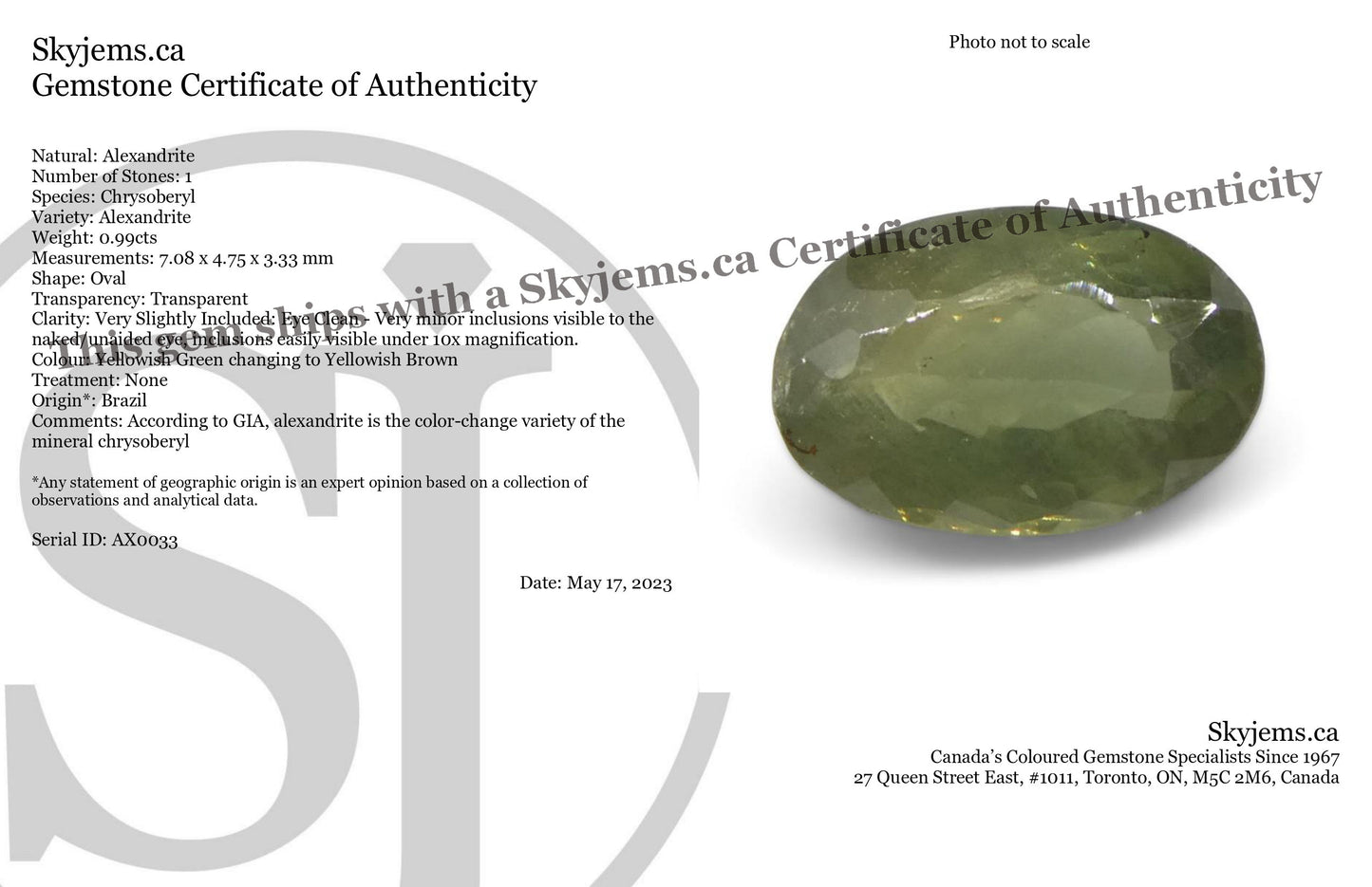 0.99ct Oval Yellowish Green to Yellowish Brown Alexandrite from Brazil, Unheated