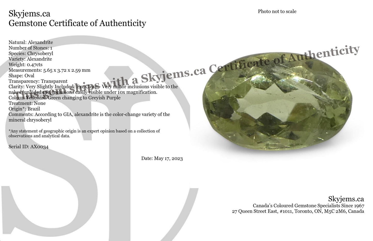 0.47ct Oval Yellowish Green to Greyish Purple Alexandrite from Brazil, Unheated