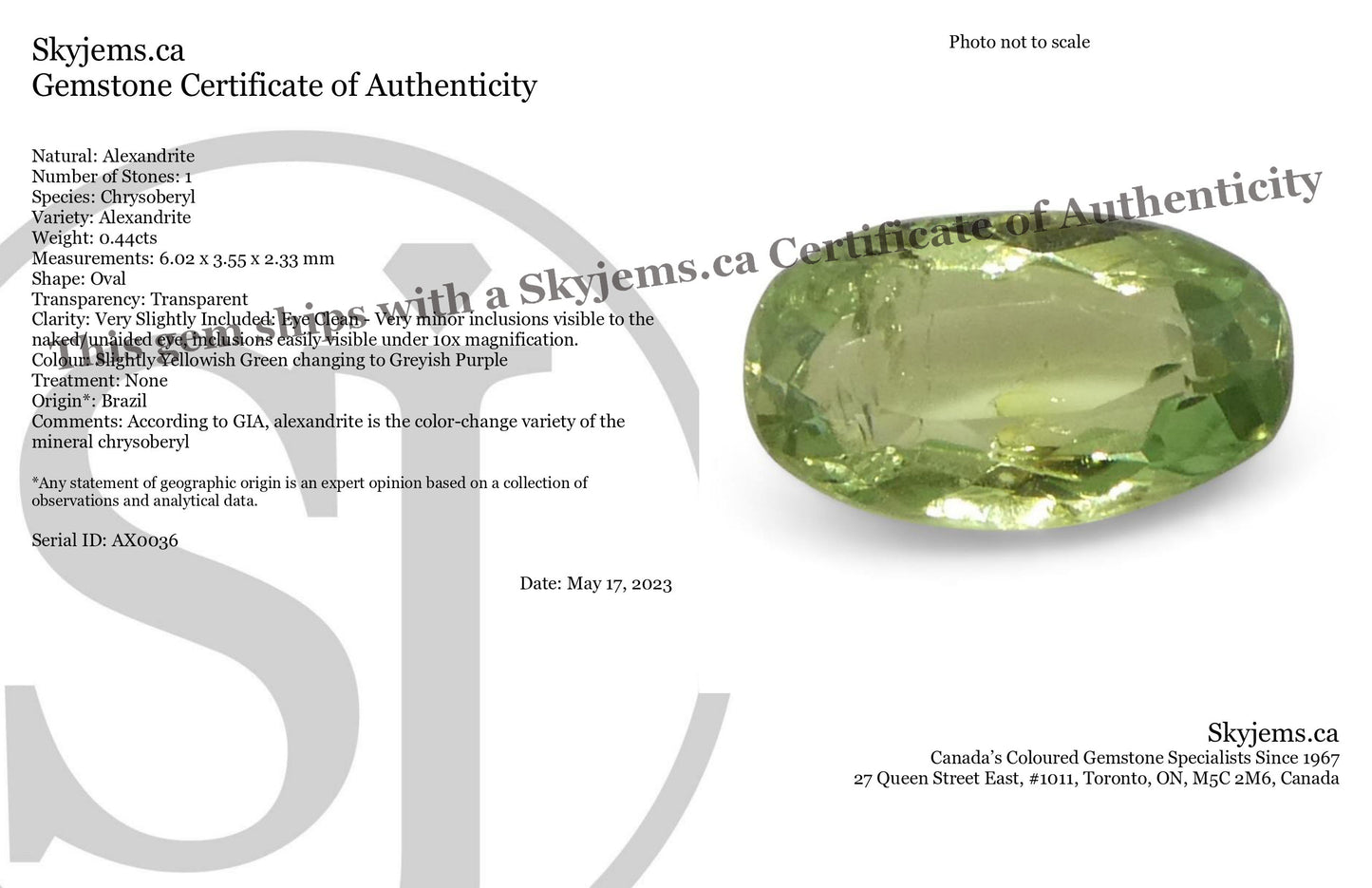 0.44ct Oval Yellowish Green to Greyish Purple Alexandrite from Brazil, Unheated