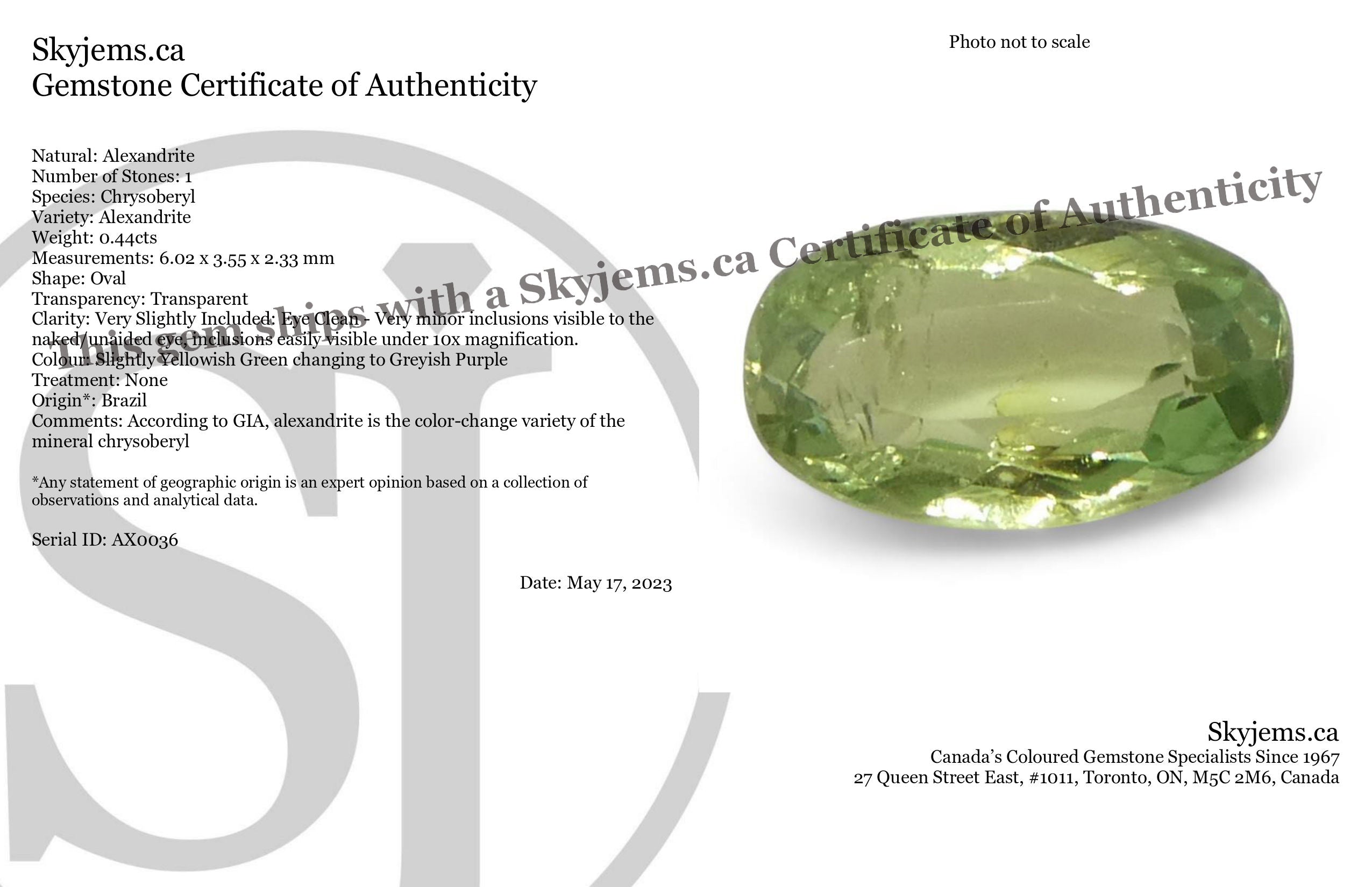 0.44ct Oval Yellowish Green to Greyish Purple Alexandrite from Brazil, Unheated - Skyjems Wholesale Gemstones