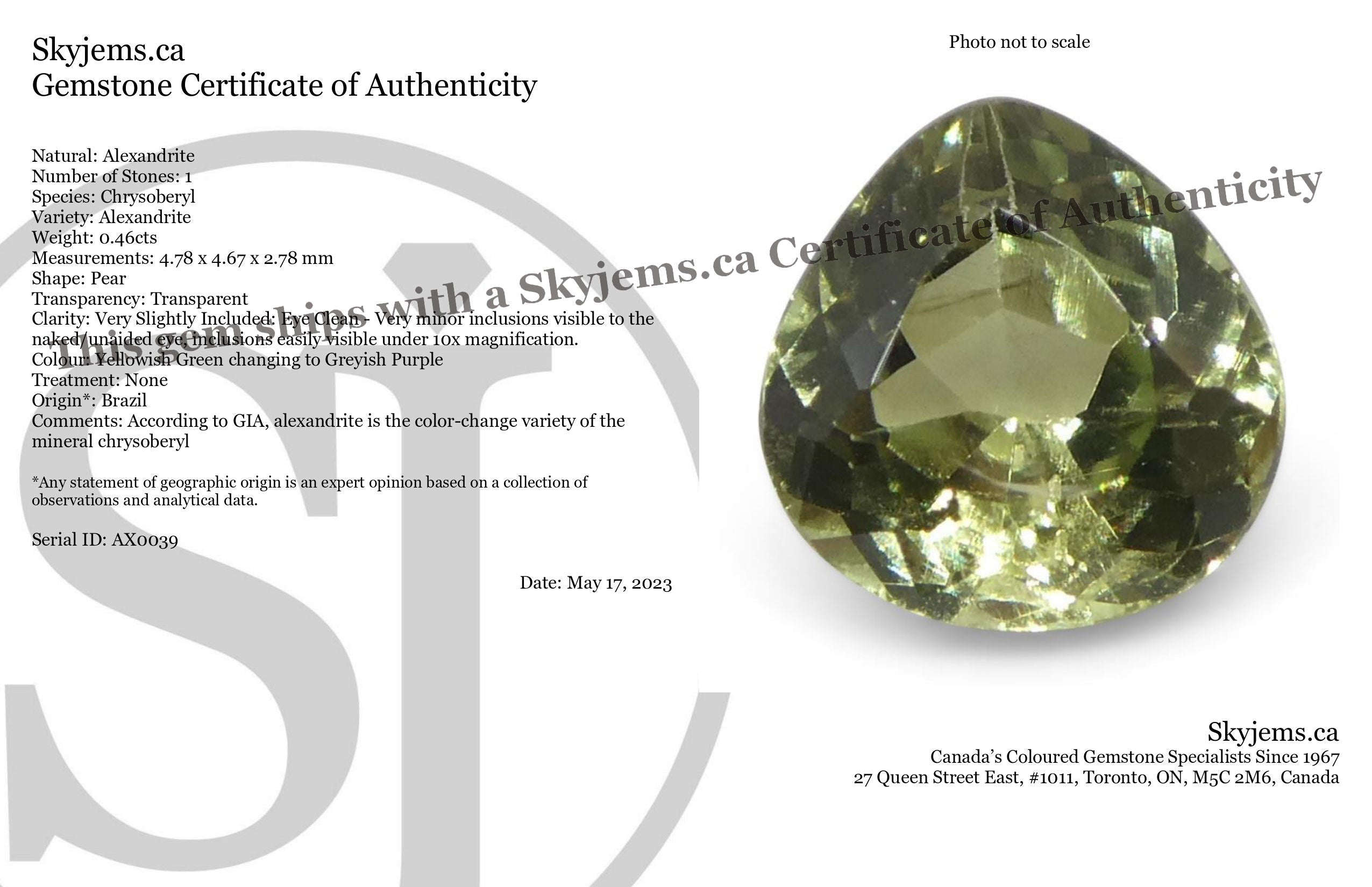 0.46ct Pear Yellowish Green to Greyish Purple Alexandrite from Brazil, Unheated - Skyjems Wholesale Gemstones