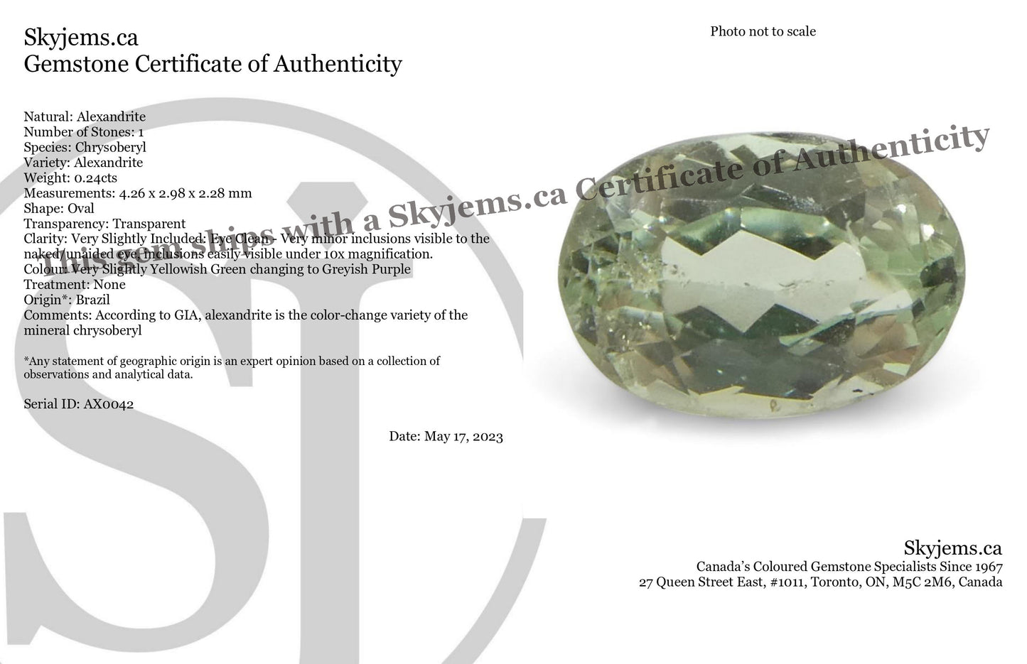 0.24ct Oval Yellowish Green to Greyish Purple Alexandrite from Brazil, Unheated