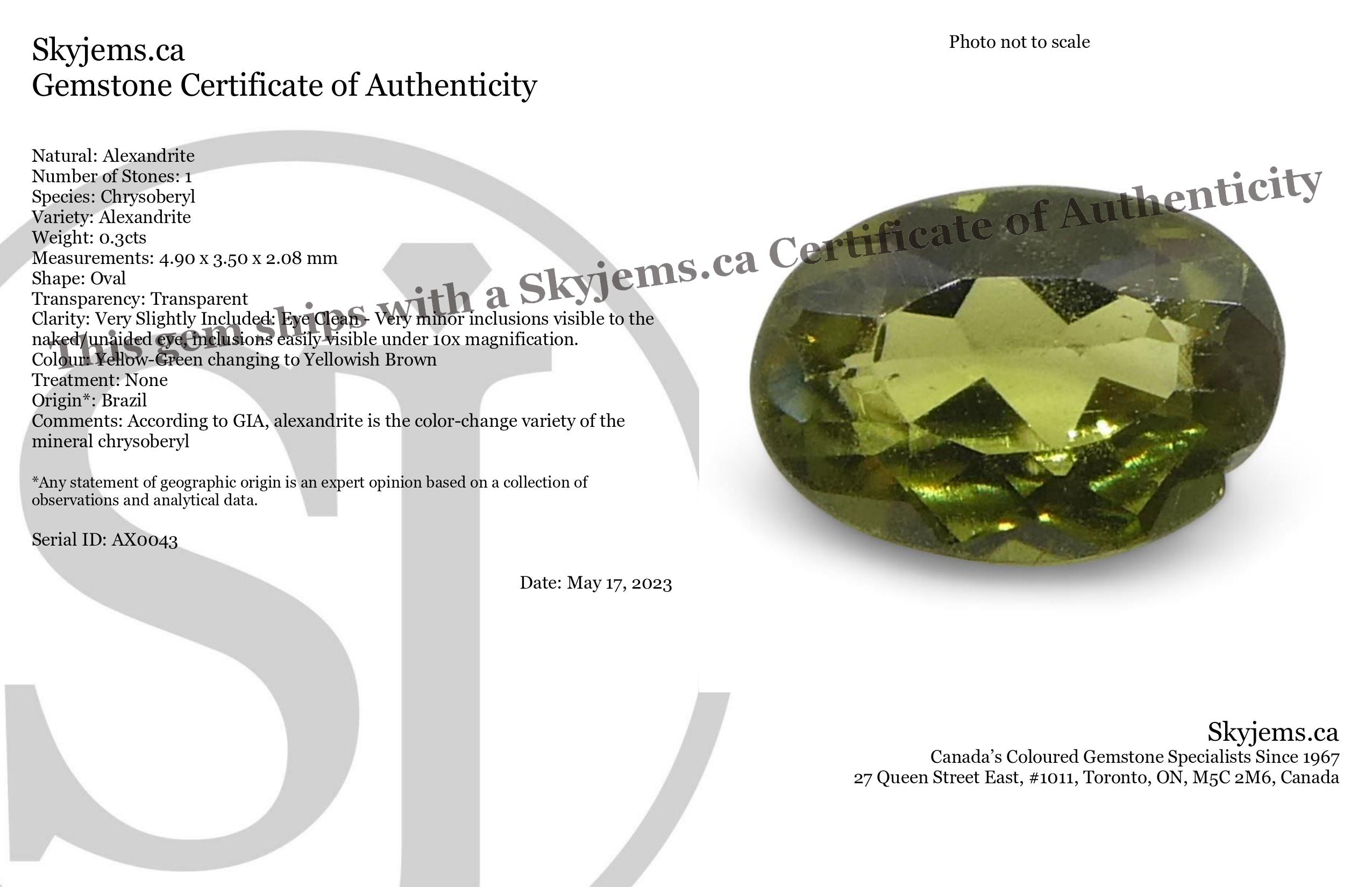 0.3ct Oval Yellow-Green to Yellowish Brown Alexandrite from Brazil, Unheated - Skyjems Wholesale Gemstones
