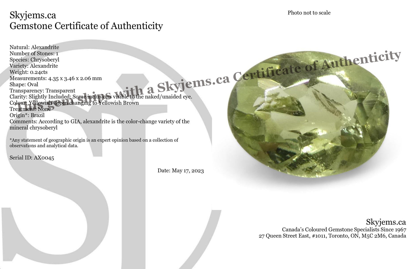 0.24ct Oval Yellowish Green to Yellowish Brown Alexandrite from Brazil, Unheated