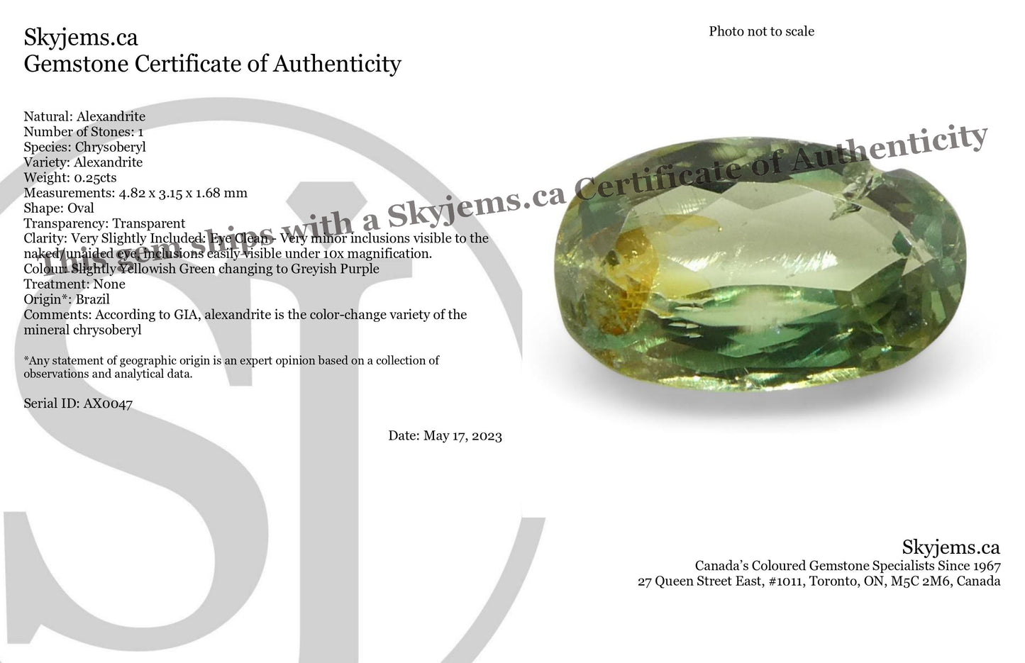 0.25ct Oval Yellowish Green to Greyish Purple Alexandrite from Brazil, Unheated